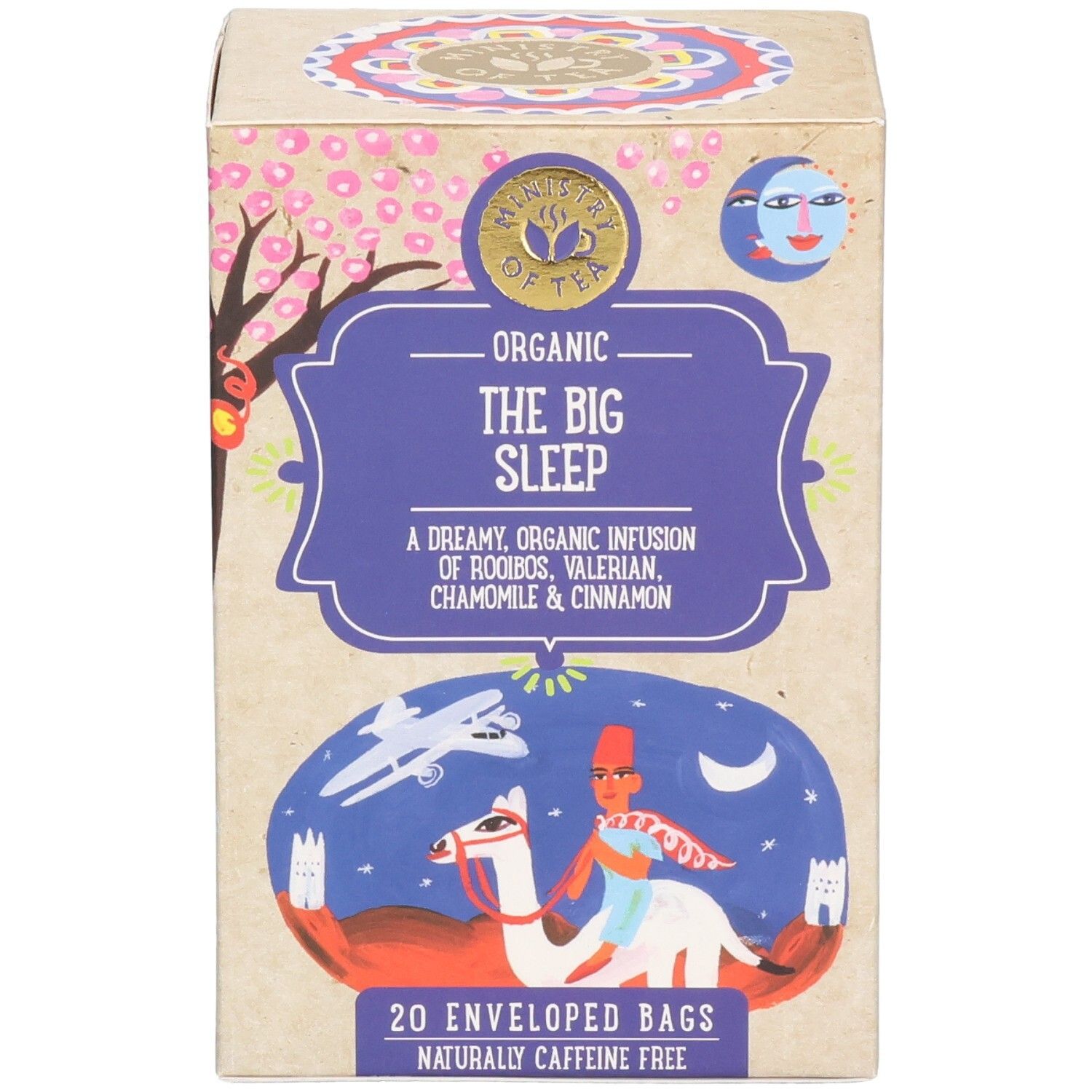 Vorderseite der Teebox. Aufschrift: "Organic The Big Sleep". 20 Beutel, koffeinfrei. Illustrationen.