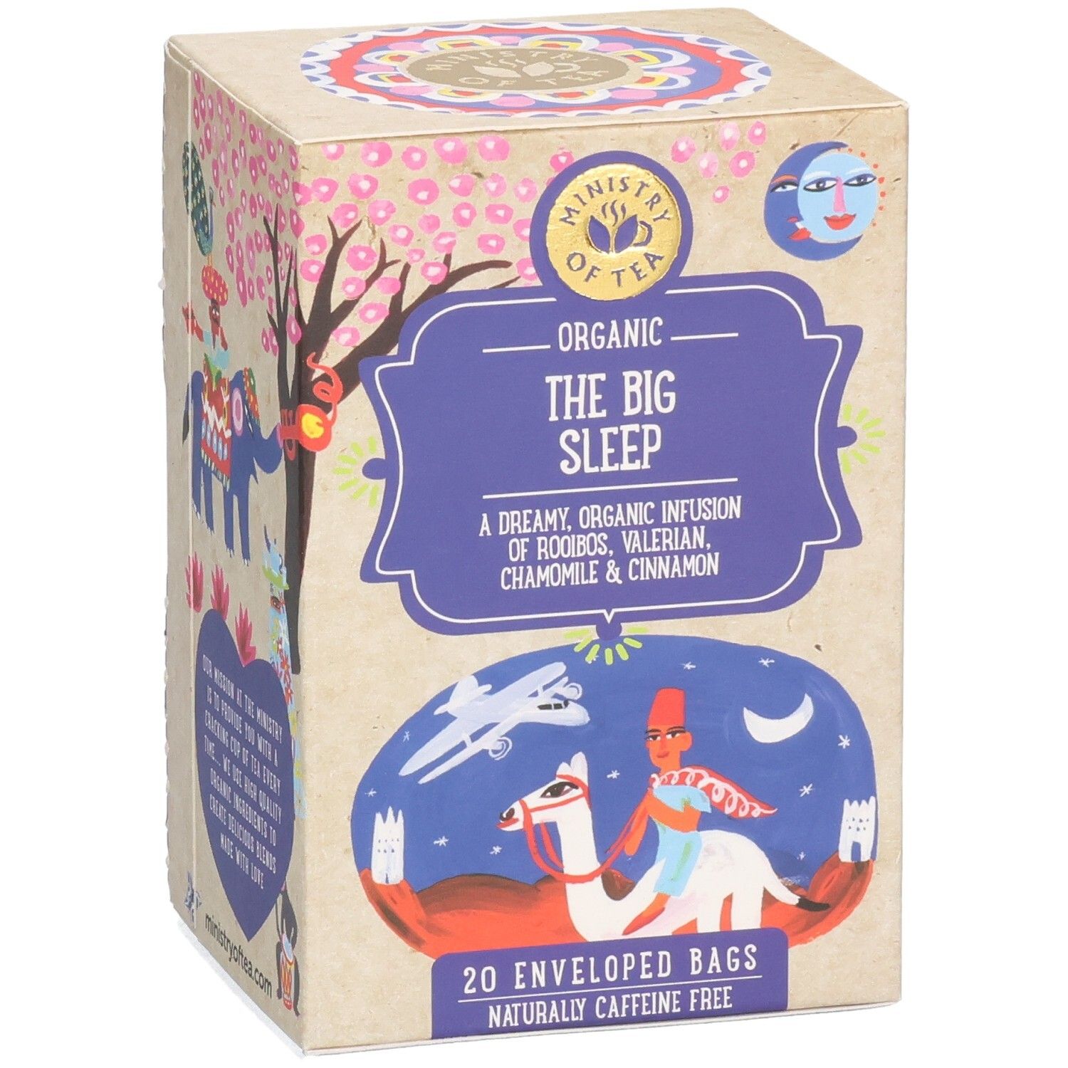 Vorderseite der Teebox. Aufschrift: "Organic The Big Sleep". 20 Beutel, koffeinfrei. Illustrationen.