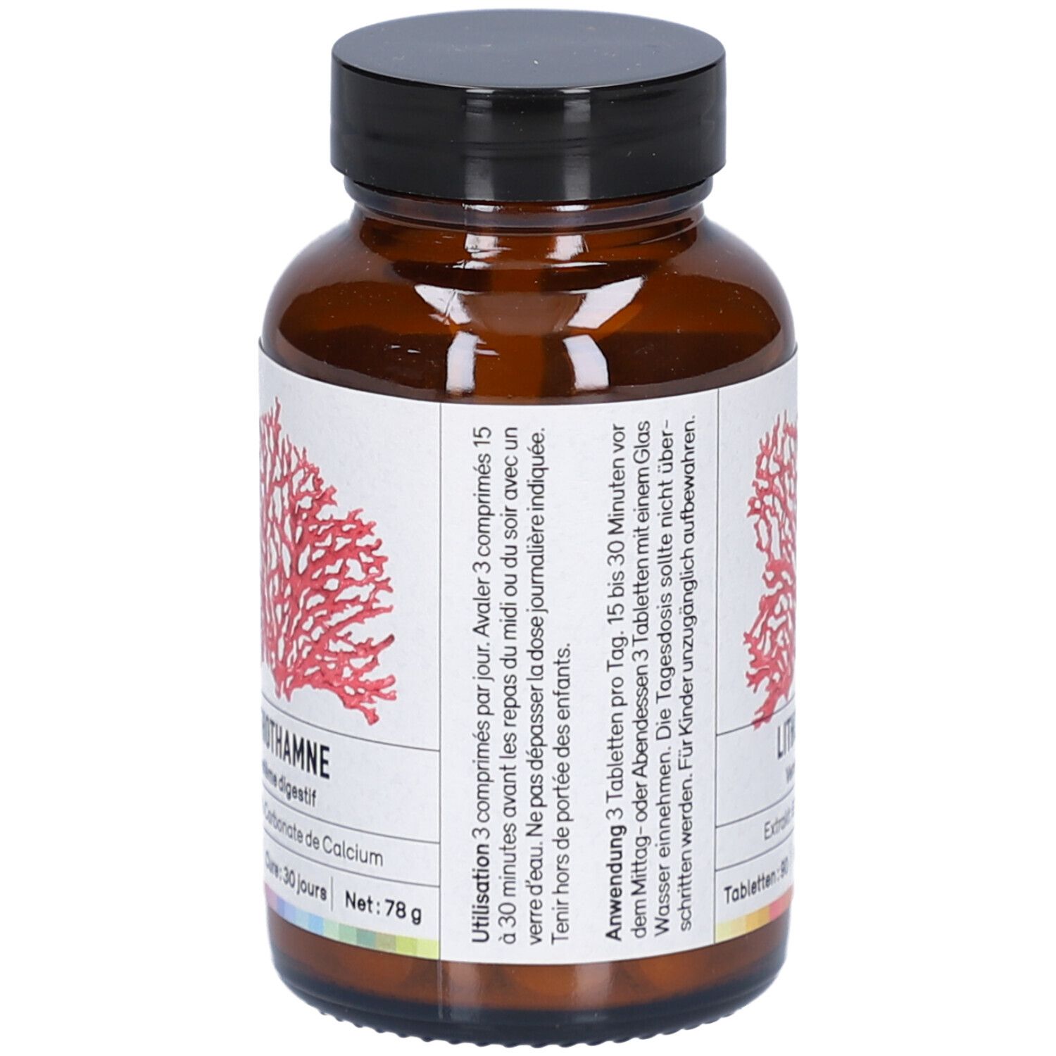 Flacon en verre brun avec bouchon noir. Étiquette avec dessin de corail rouge et texte: Lithothamnium, 78g.