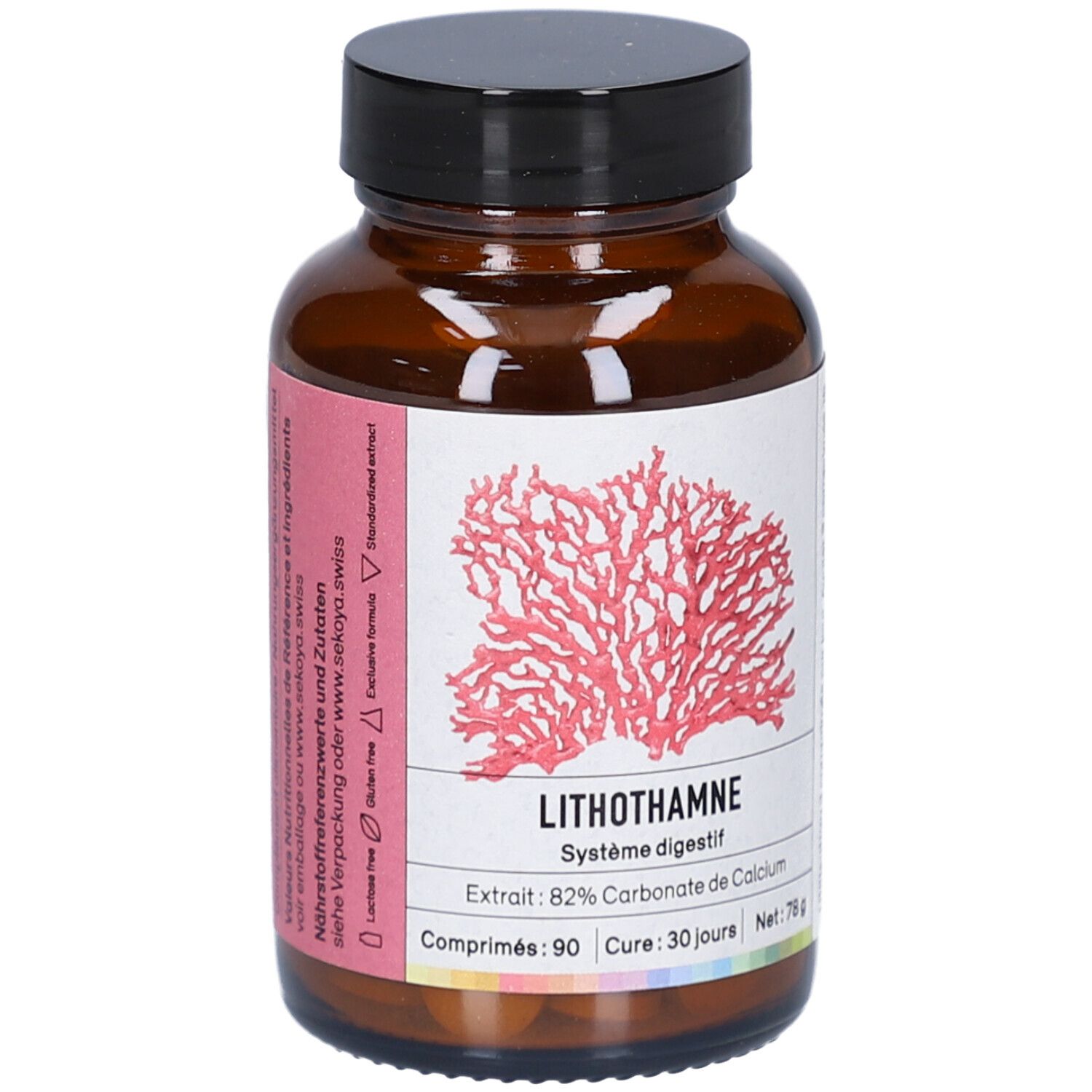 Flacon en verre brun avec bouchon noir. Étiquette avec corail rouge et texte: Lithothamnium, 90 comprimés.