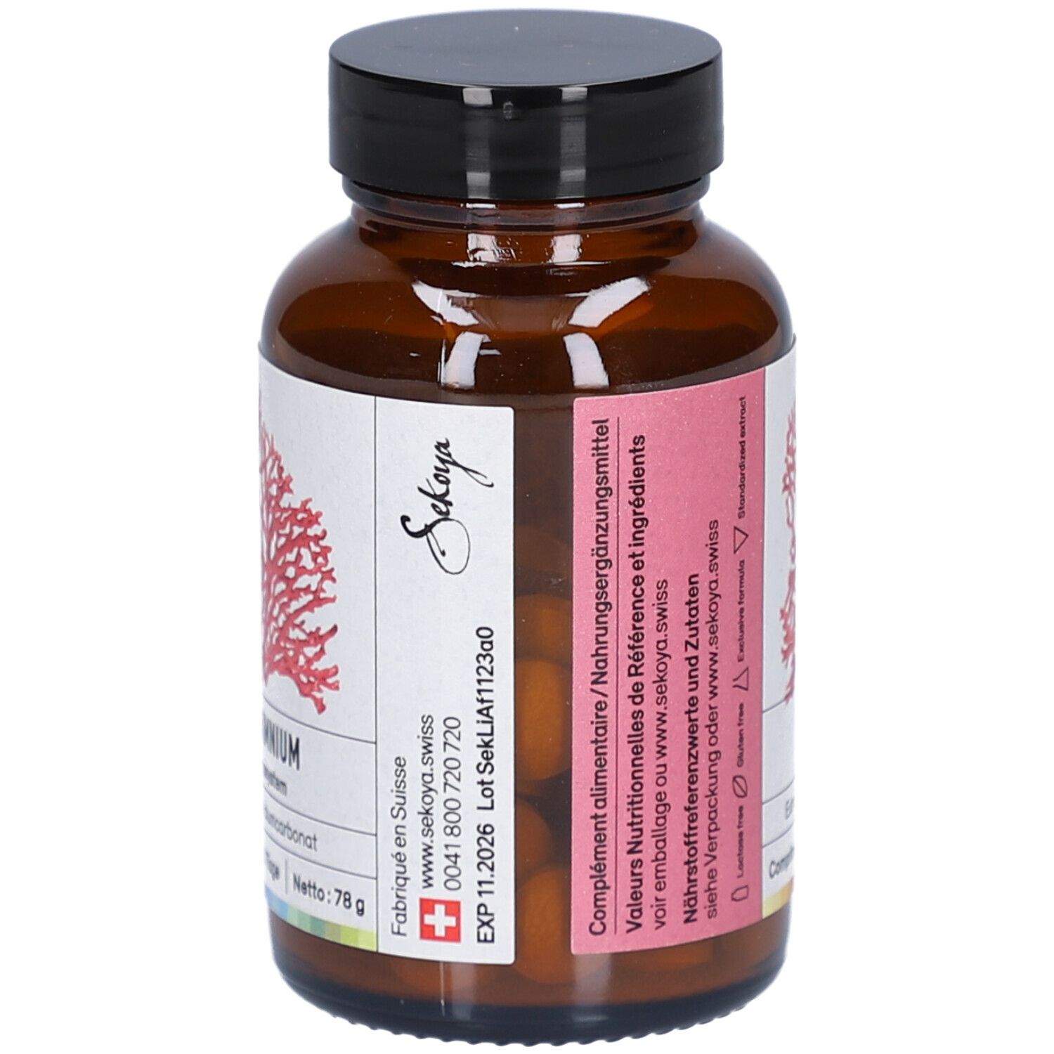 Flacon en verre brun avec bouchon noir. Étiquette avec corail rouge et texte: Sekoya, Lithothamnium, 78g.