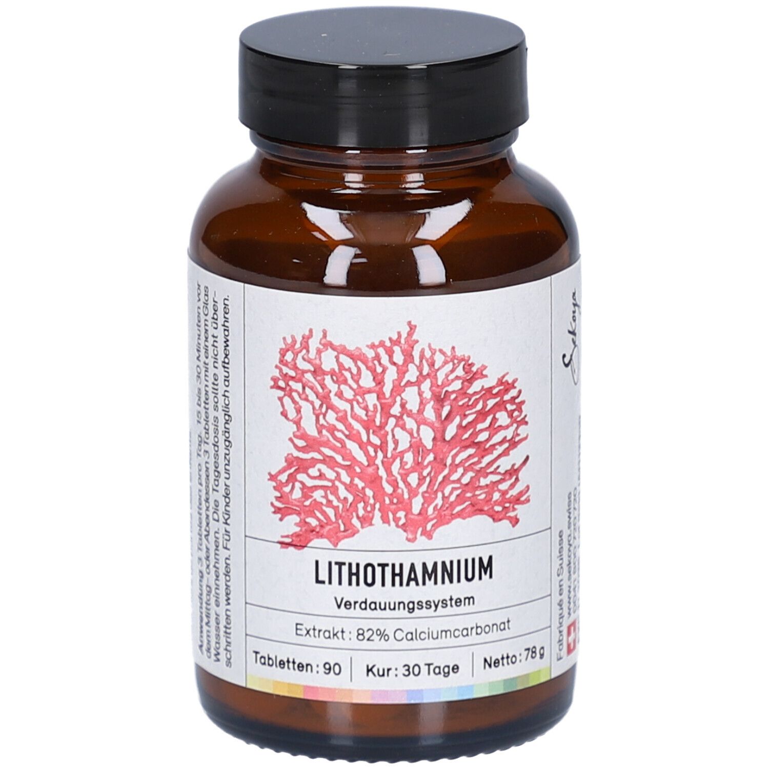 Flacon en verre brun avec bouchon noir. Étiquette avec corail rouge et texte: Lithothamnium, 90 comprimés, 78g.