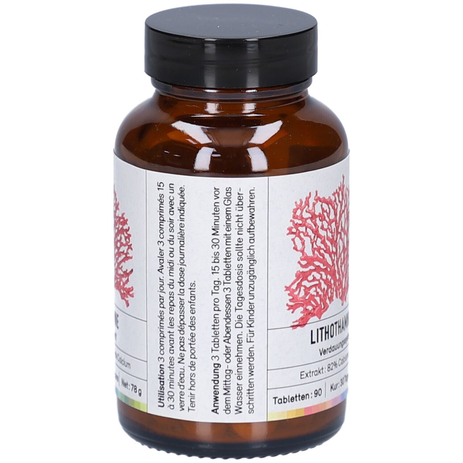 Flacon en verre brun avec bouchon noir. Étiquette avec corail rouge et texte: Lithothamnium, 90 comprimés, 78g.