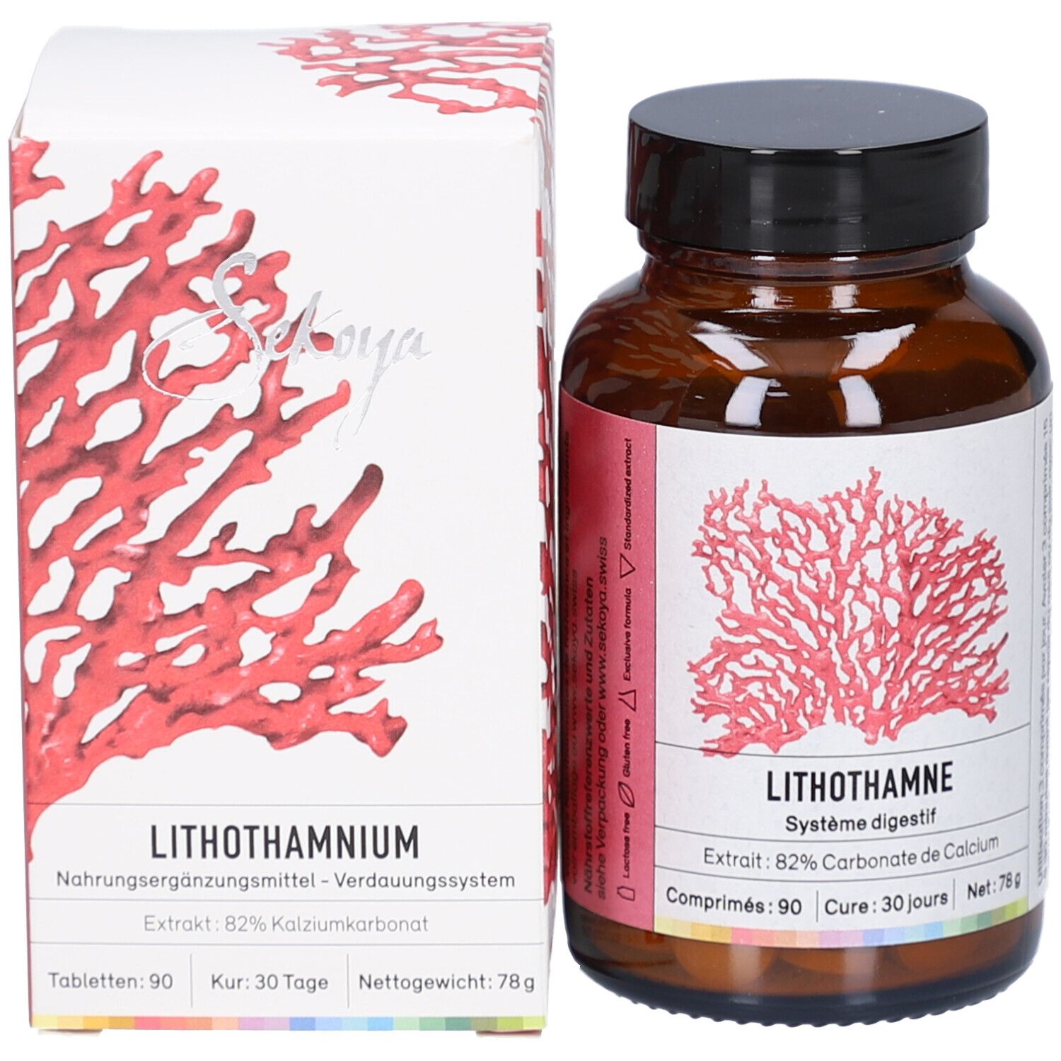 Flacon en verre brun et boîte. Boîte avec corail rouge et texte: Sekoya, Lithothamnium, 90 comprimés.