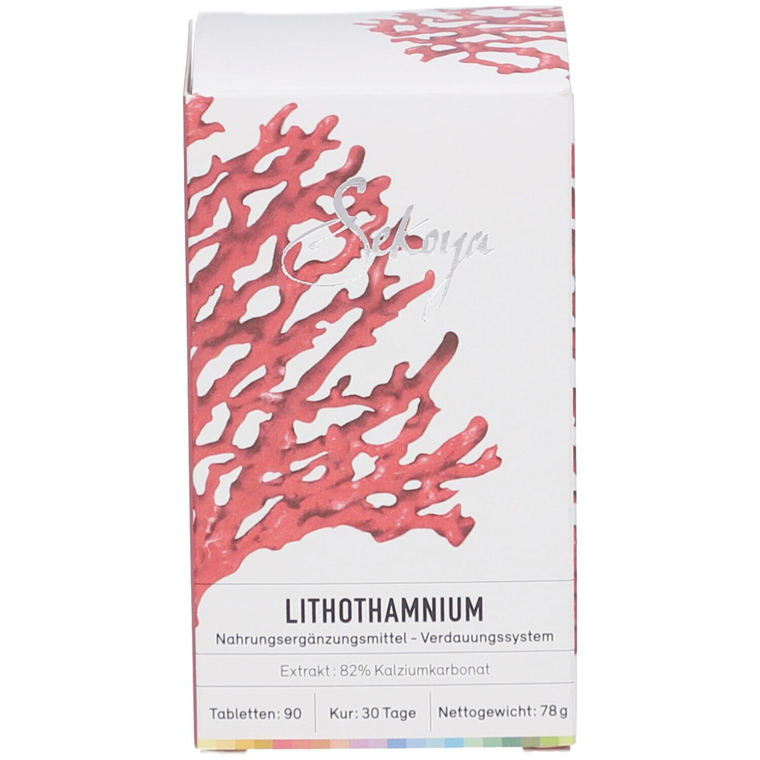 Boîte blanche avec corail rouge et texte: Sekoya, Lithothamnium, 90 comprimés, 78g.