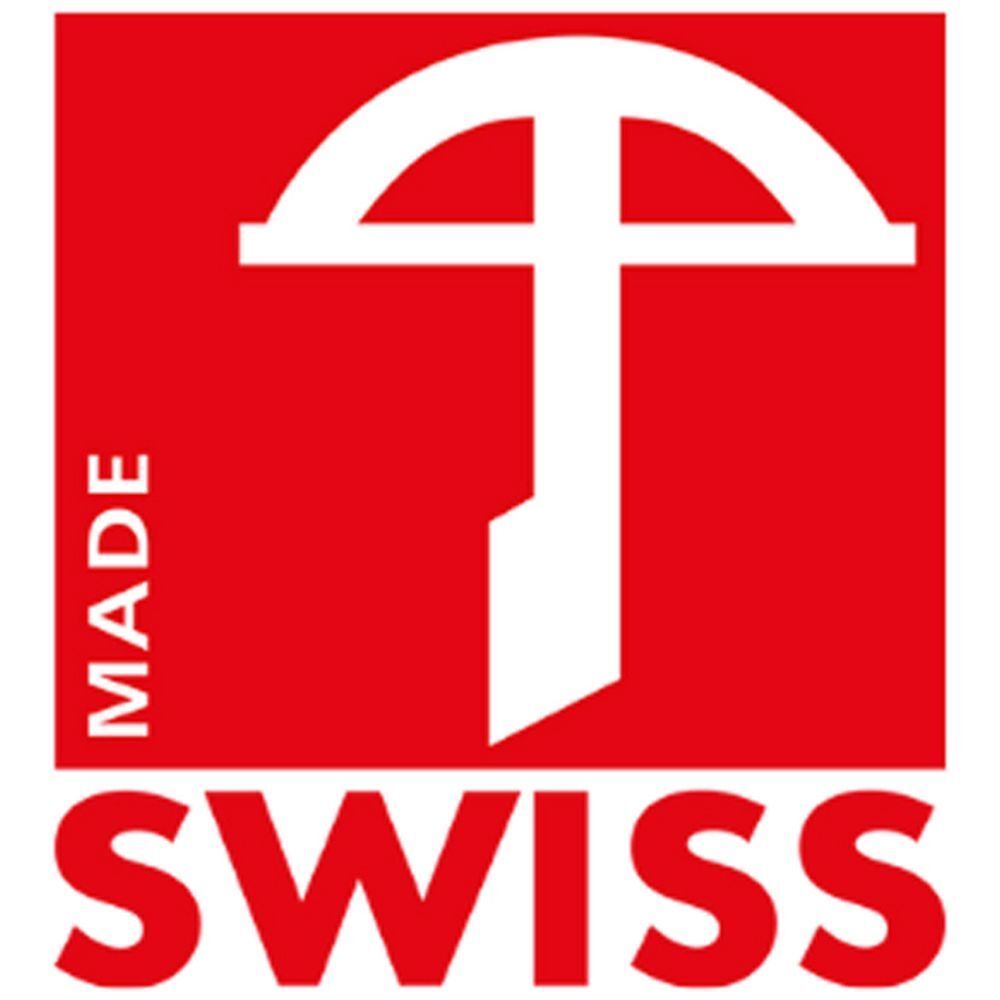 Rotes Logo mit weißem Kreuz und Text "MADE SWISS".