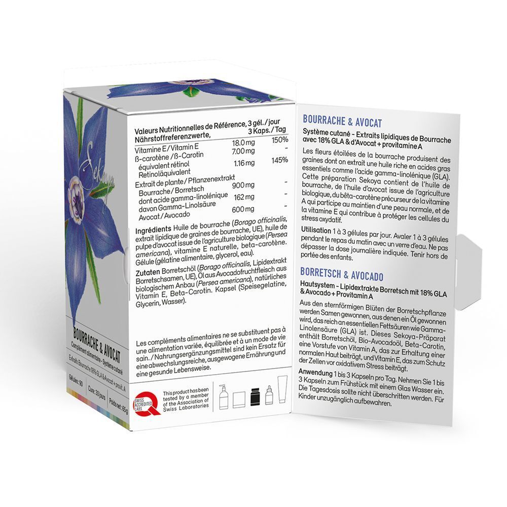 Geöffnete Produktverpackung mit Text in Französisch und Deutsch. Enthält Informationen zu Inhaltsstoffen und Anwendung.