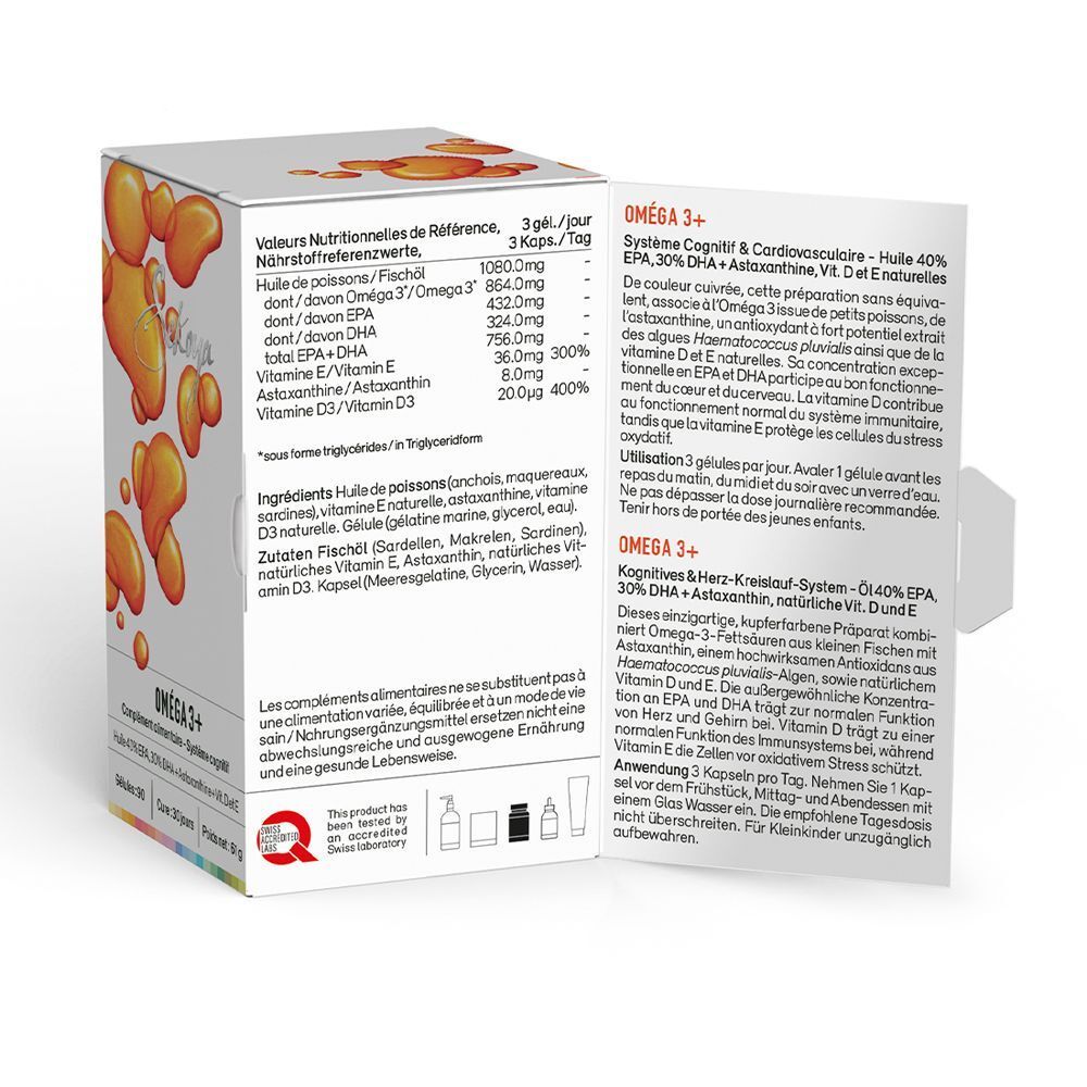 Emballage produit blanc ouvert avec texte et informations nutritionnelles. Contient des informations sur les ingrédients et l'utilisation.