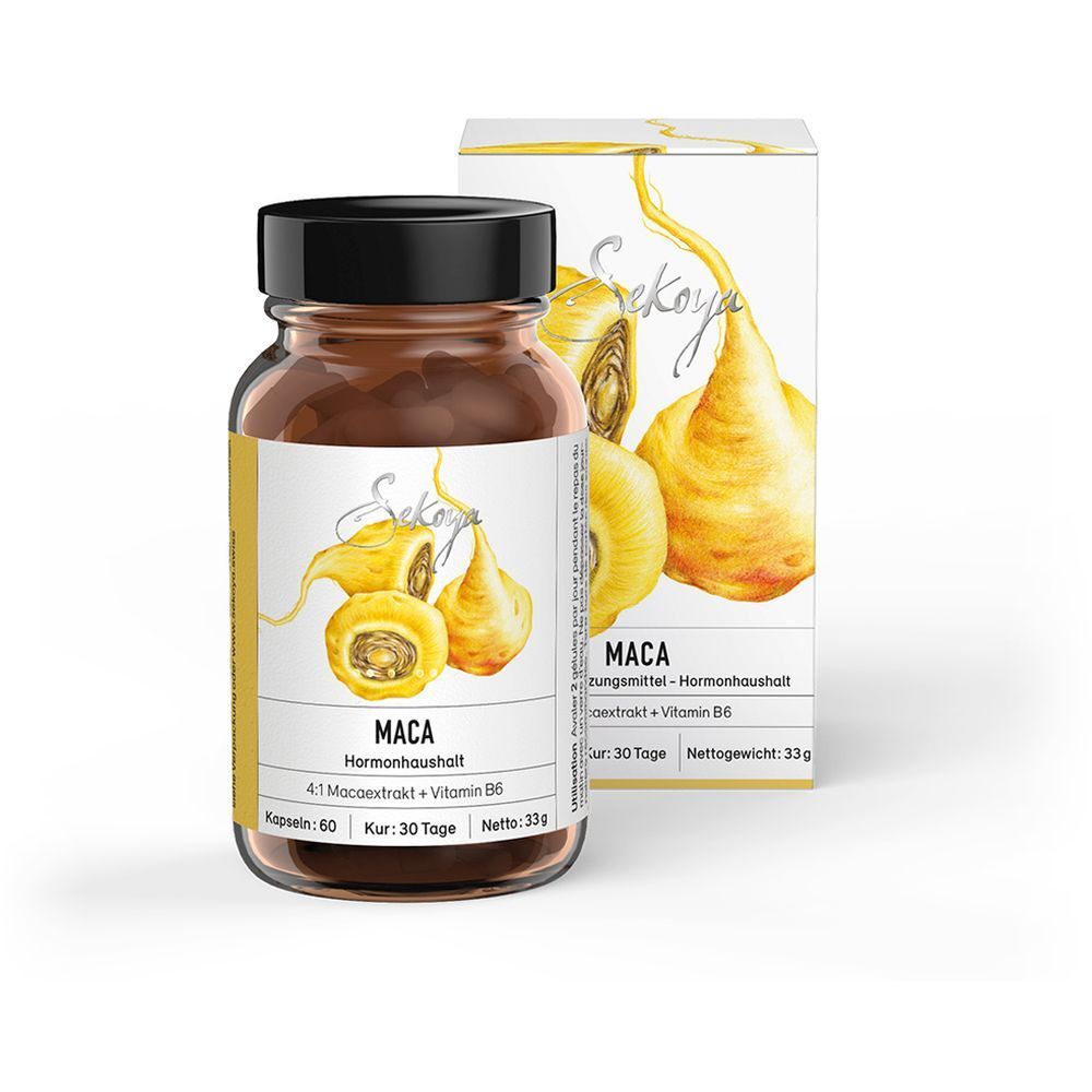 Flacon de gélules brun et boîte. Inscription: Sekoya, Maca, équilibre hormonal, 4:1 extrait de maca + vitamine B6. 60 gélules, cure 30 jours.