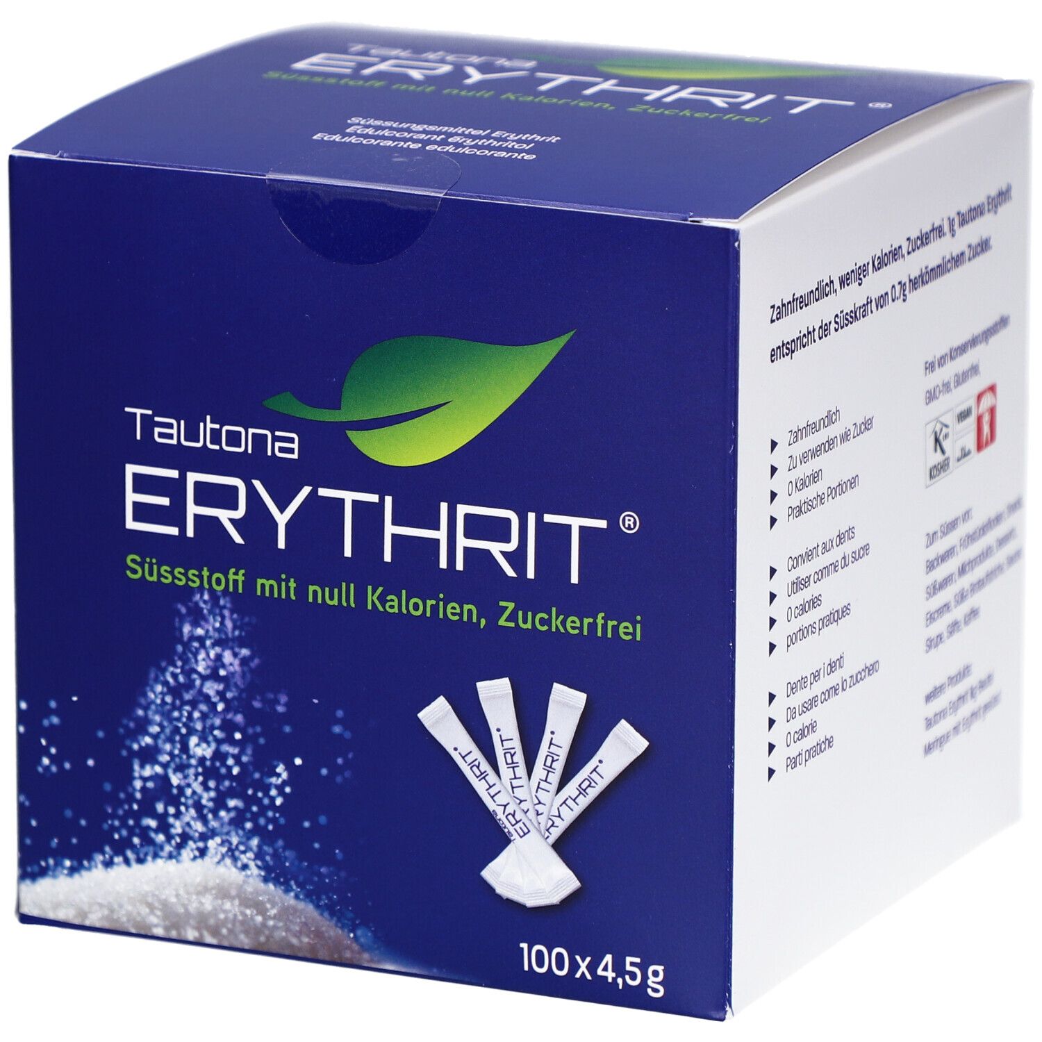 Boîte bleue et blanche TAUTONA ERYTHRIT. Contient 100 sticks. Inscription : édulcorant sans calories, sans sucre. Bâtonnets individuels à côté.