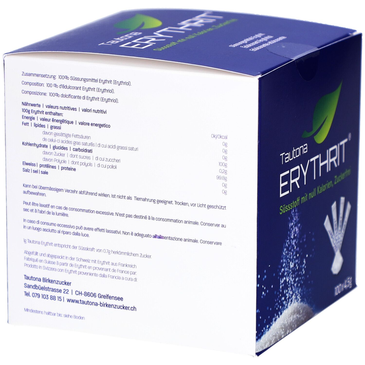 Dos de la boîte bleue avec informations produit. Texte en allemand, français et italien. Contient informations nutritionnelles et adresse fabricant.