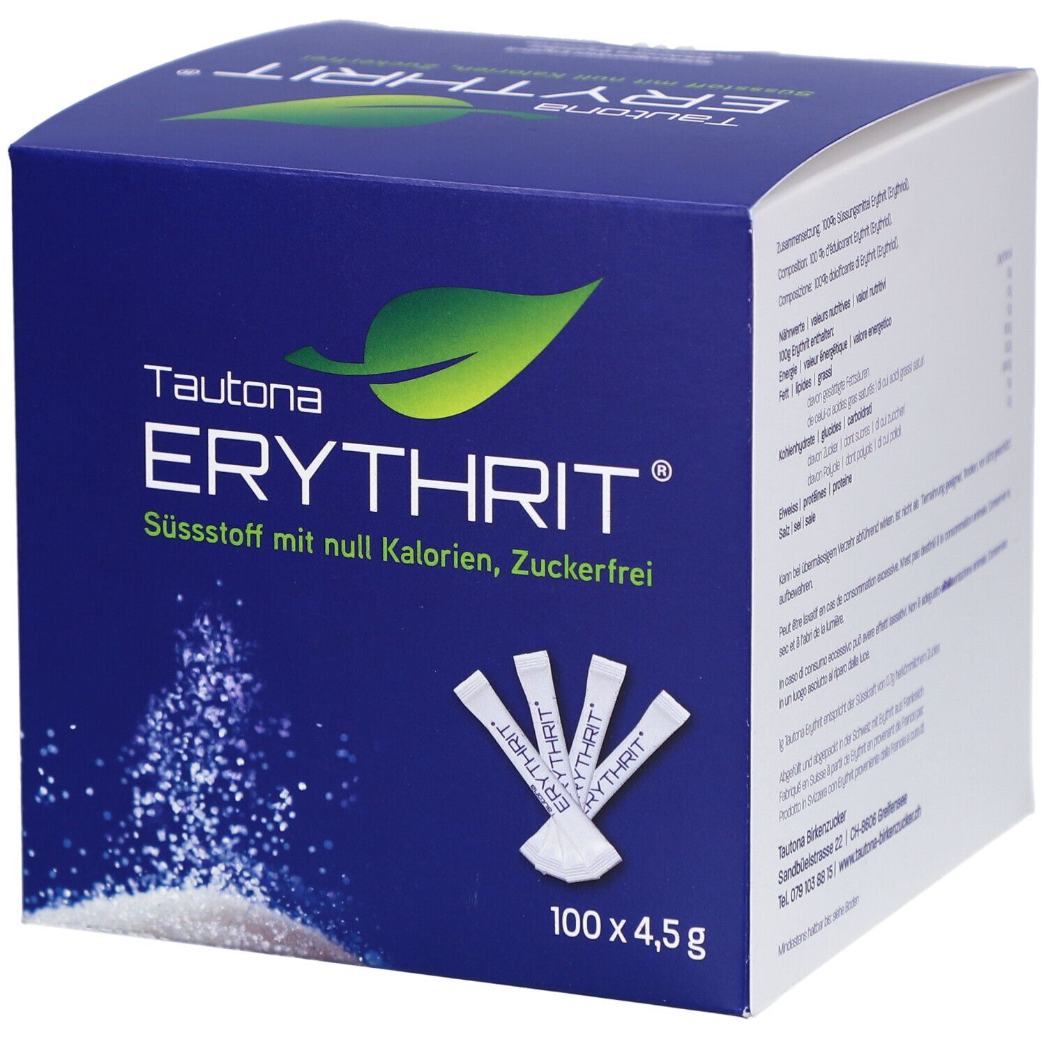 Boîte bleue TAUTONA ERYTHRIT. Inscription : édulcorant sans calories, sans sucre. 100 x 4,5g. Bâtonnets individuels à côté.