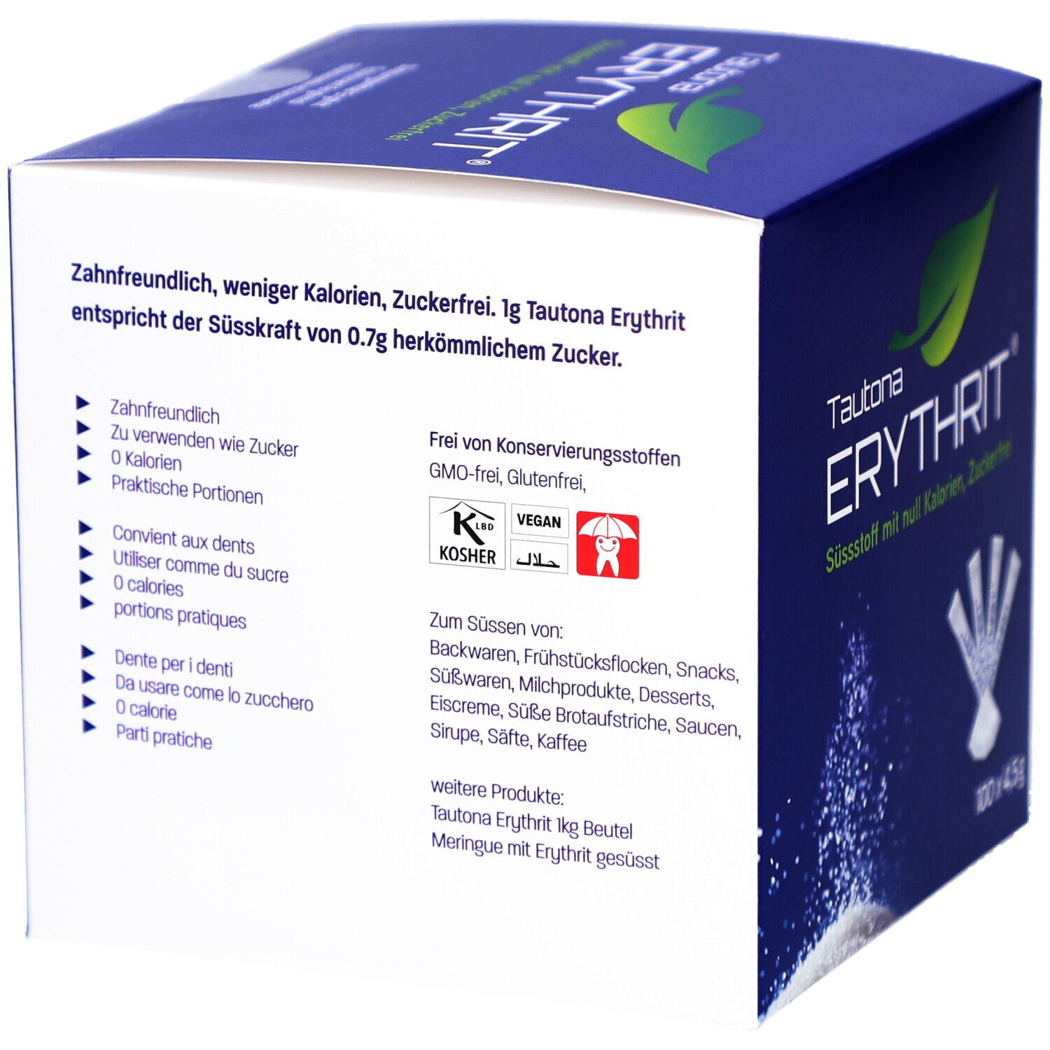 Boîte bleue avec texte. Inscription : bon pour les dents, moins de calories, sans sucre. Contient des informations sur les ingrédients et les certifications.