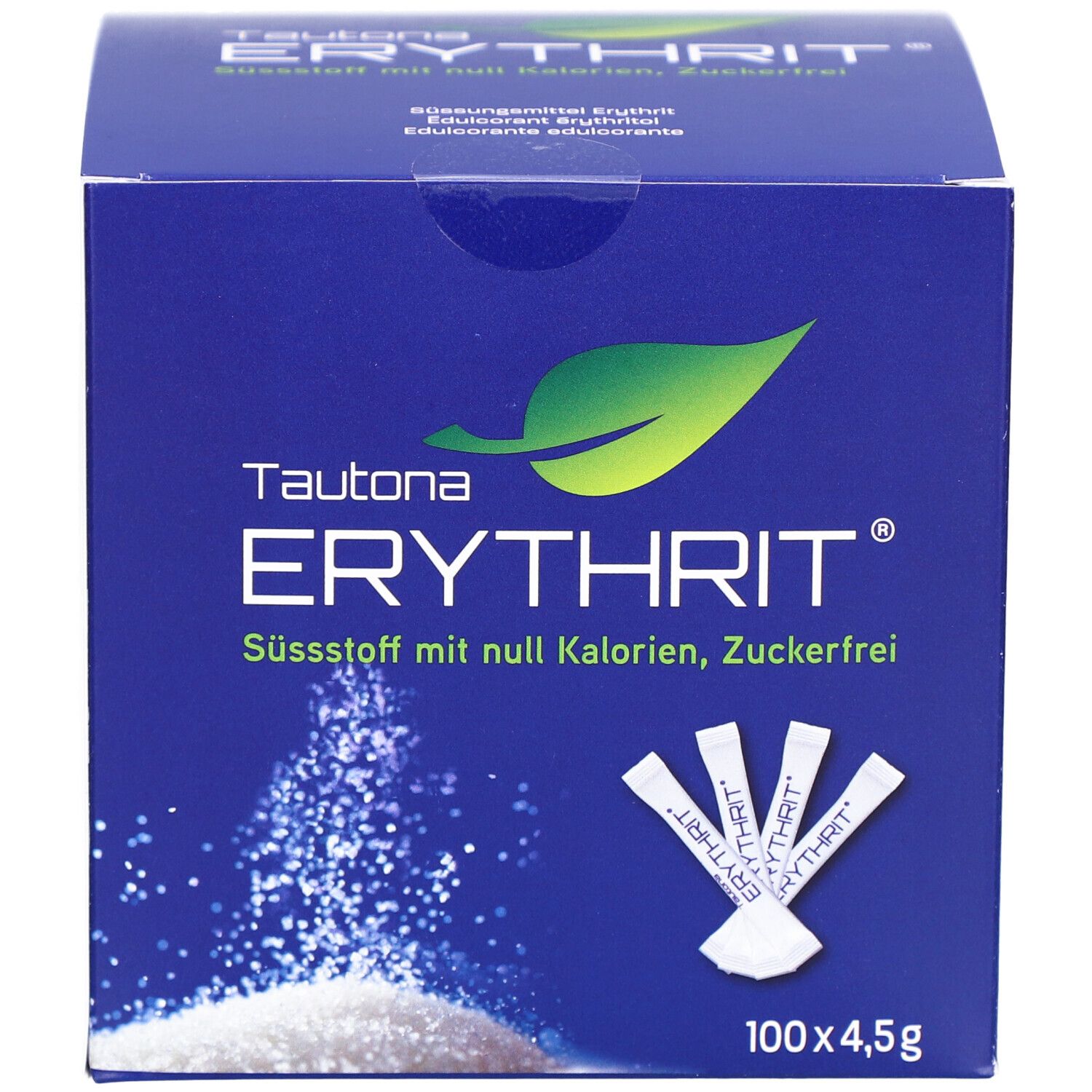 Boîte bleue TAUTONA ERYTHRIT. Inscription : édulcorant sans calories, sans sucre. 100 x 4,5g. Bâtonnets individuels à côté.