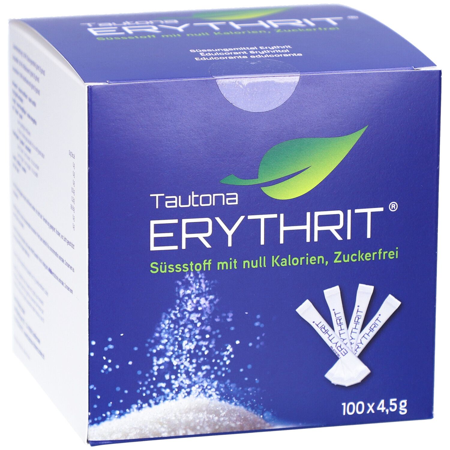 Boîte bleue TAUTONA ERYTHRIT. Inscription : édulcorant sans calories, sans sucre. 100 x 4,5g. Bâtonnets individuels à côté.