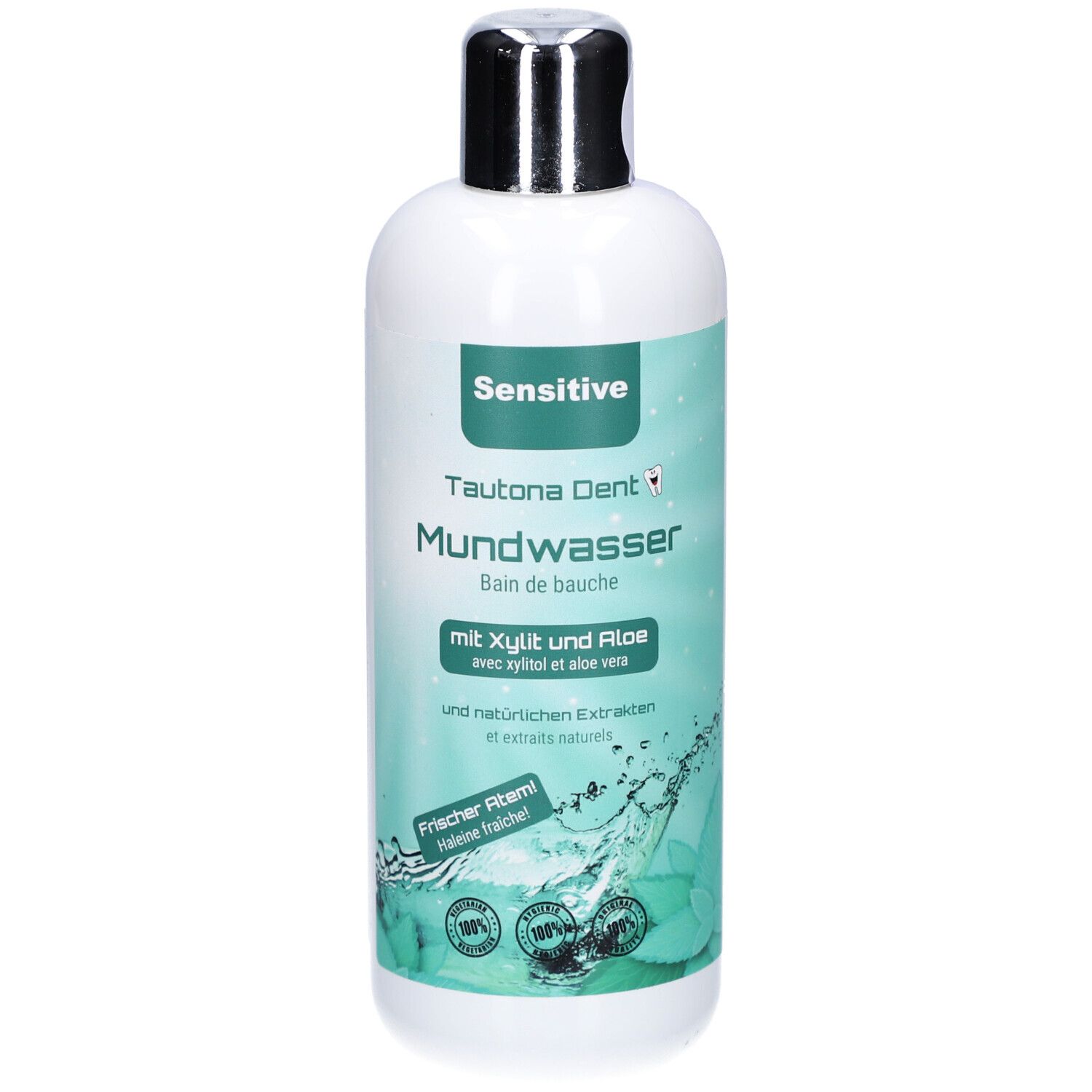 Weiße Flasche mit silbernem Deckel. Aufschrift: Sensitive, Tautona Dent Mundwasser. Mit Xylit und Aloe vera. Frischer Atem.