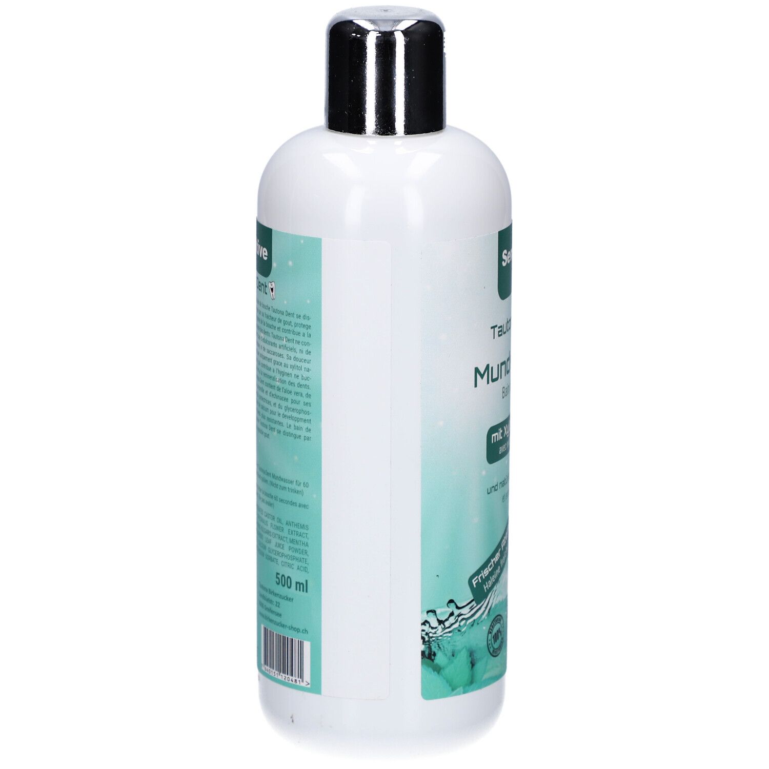 Weiße Flasche mit silbernem Deckel. Auf der Seite Text und Barcode. Produktname: Tautona Dent Mundwasser.