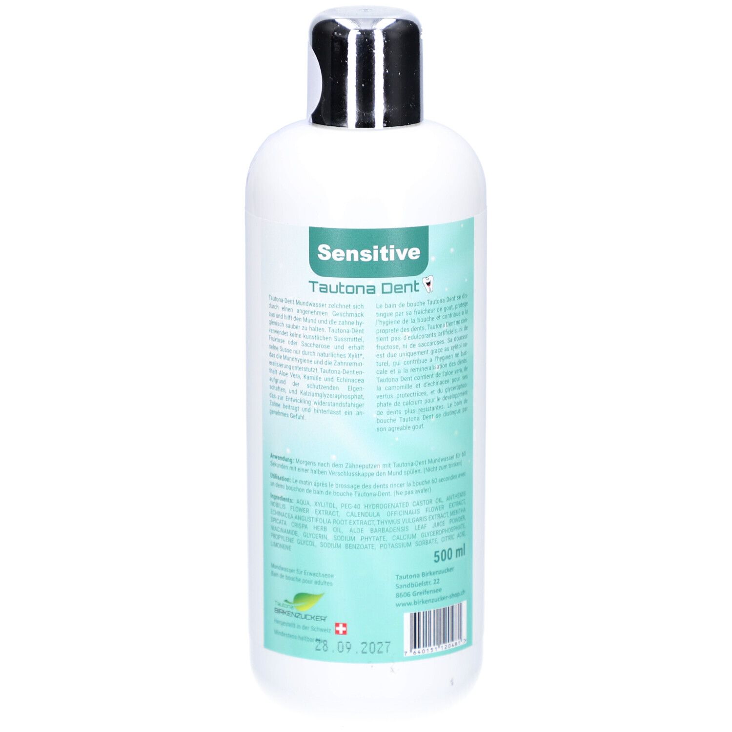 Weiße Flasche mit silbernem Deckel. Auf der Rückseite Text. Produktname: Tautona Dent Mundwasser. Schweizer Flagge.