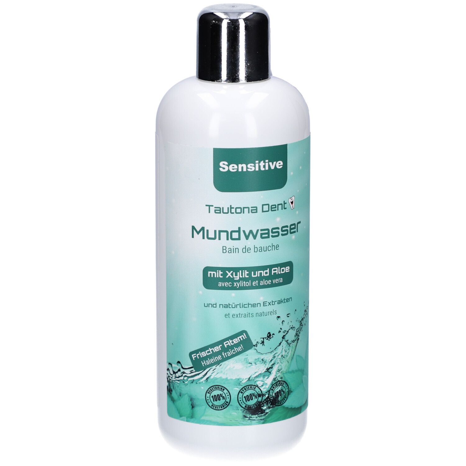 Weiße Flasche mit silbernem Deckel. Aufschrift: Sensitive, Tautona Dent Mundwasser. Mit Xylit und Aloe vera. Frischer Atem.