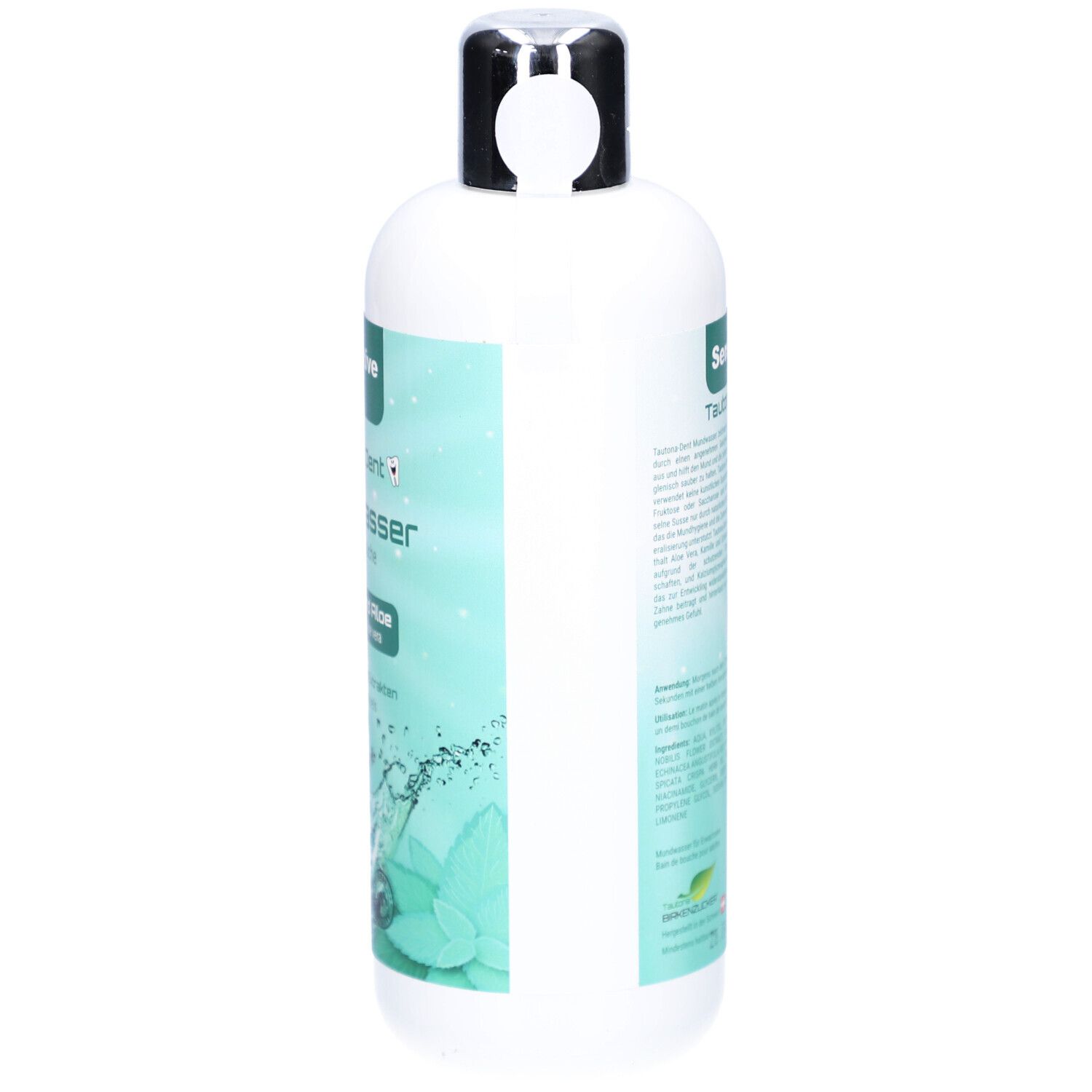Weiße Flasche mit silbernem Deckel. Auf der Seite Text. Produktname: Tautona Dent Mundwasser.