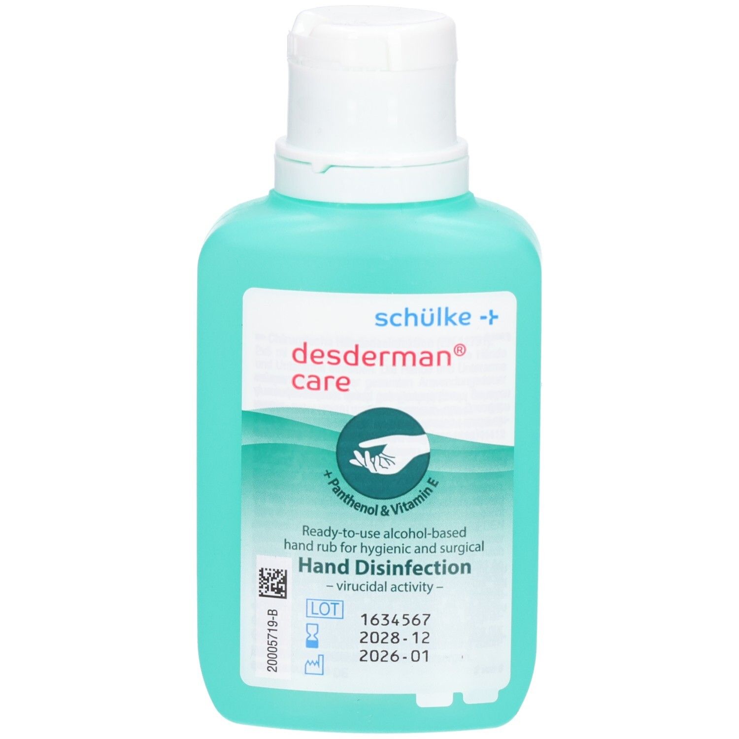 Flacon de désinfectant pour les mains. Étiquette blanche avec texte 'desderman care'. Contient Panthénol & Vitamine E. Désinfection des mains.