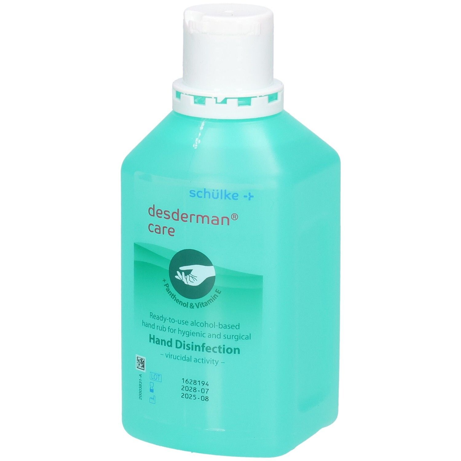Bouteille turquoise de désinfectant pour les mains Desderman Care avec bouchon rabattable blanc. Étiquette sur le devant.