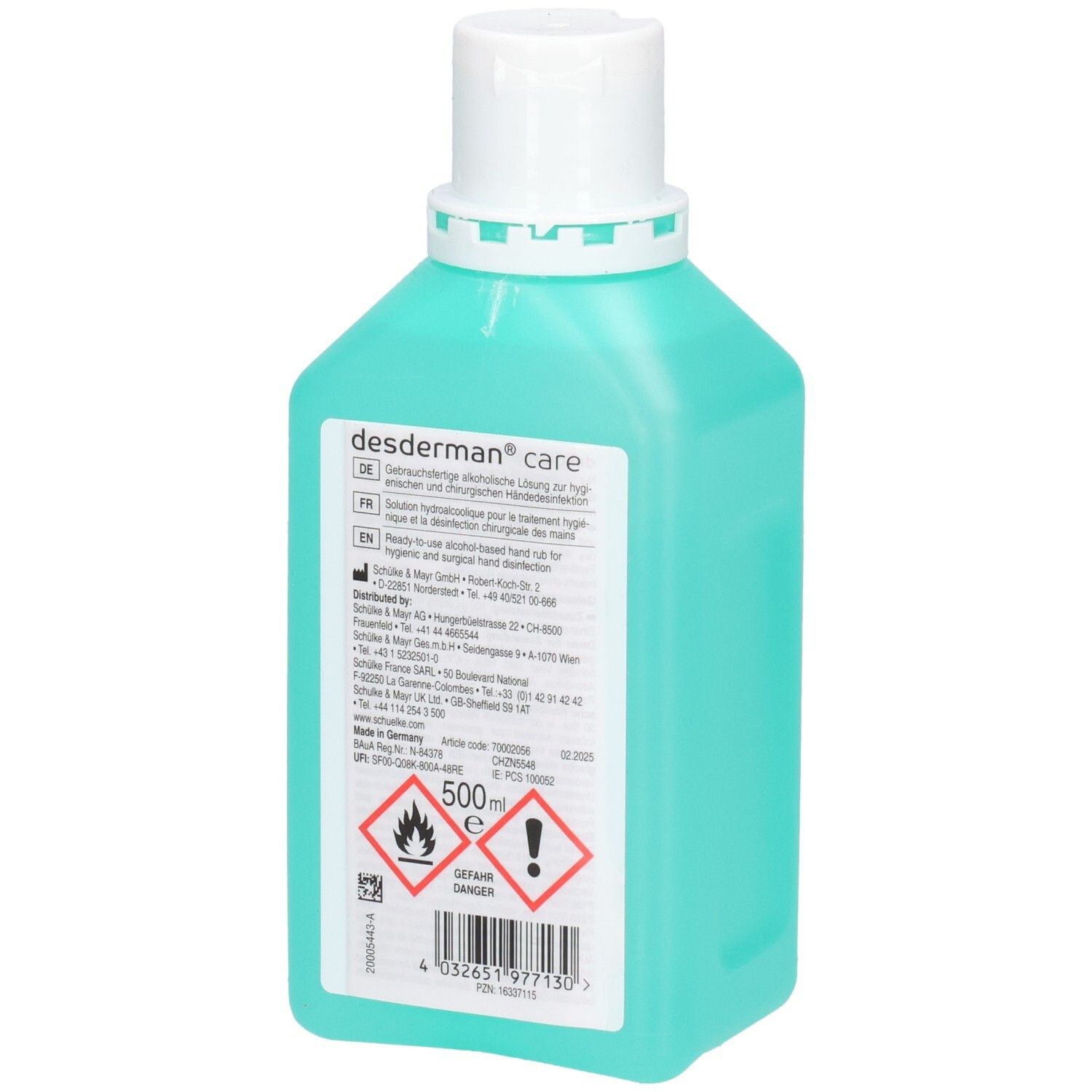 Bouteille turquoise de désinfectant pour les mains Desderman Care avec bouchon rabattable blanc. Étiquette arrière avec symboles d'avertissement.