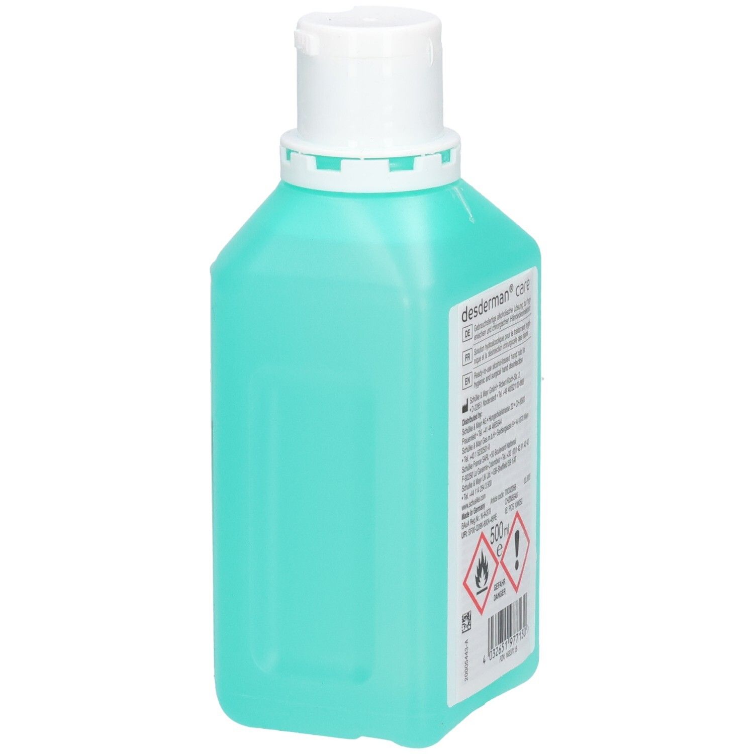 Bouteille turquoise de désinfectant pour les mains Desderman Care avec bouchon rabattable blanc. Arrière, légèrement en biais.