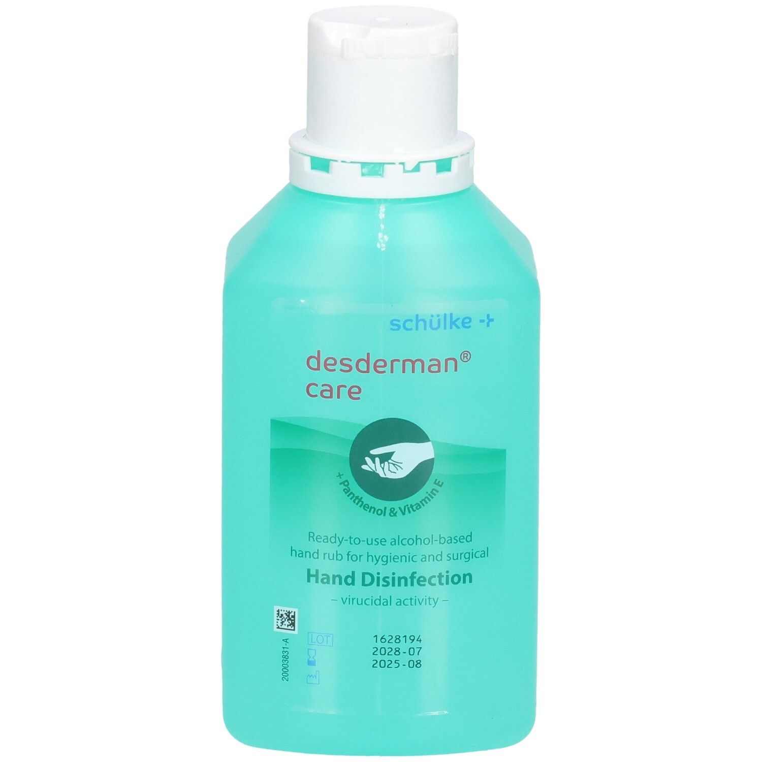 Bouteille turquoise de désinfectant pour les mains Desderman Care avec bouchon rabattable blanc. Étiquette avant avec symbole de main.