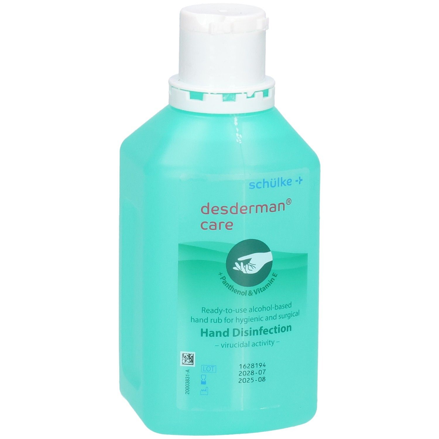 Bouteille turquoise de désinfectant pour les mains Desderman Care avec bouchon rabattable blanc. Étiquette avant avec symbole de main.