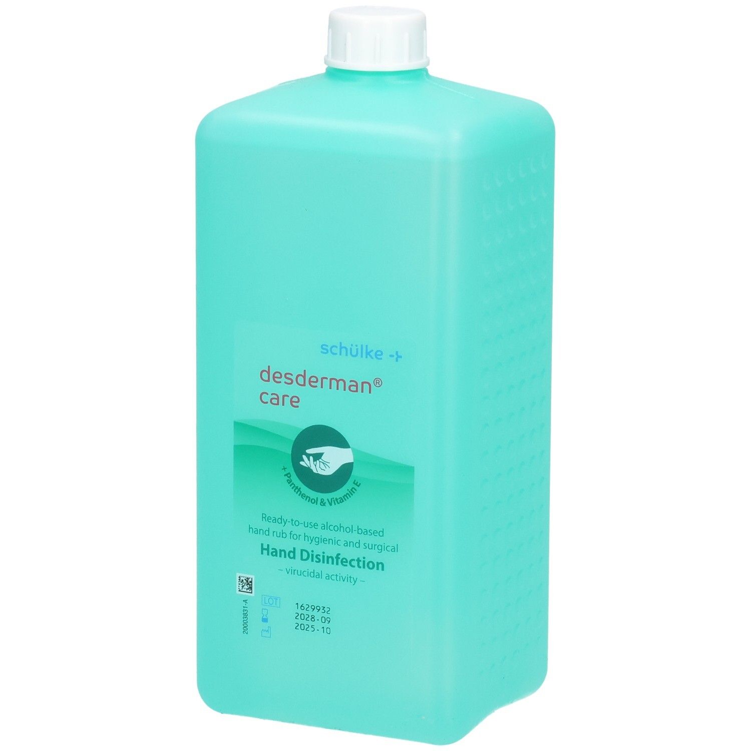Bouteille turquoise avec bouchon blanc, désinfectant pour les mains "desderman care".