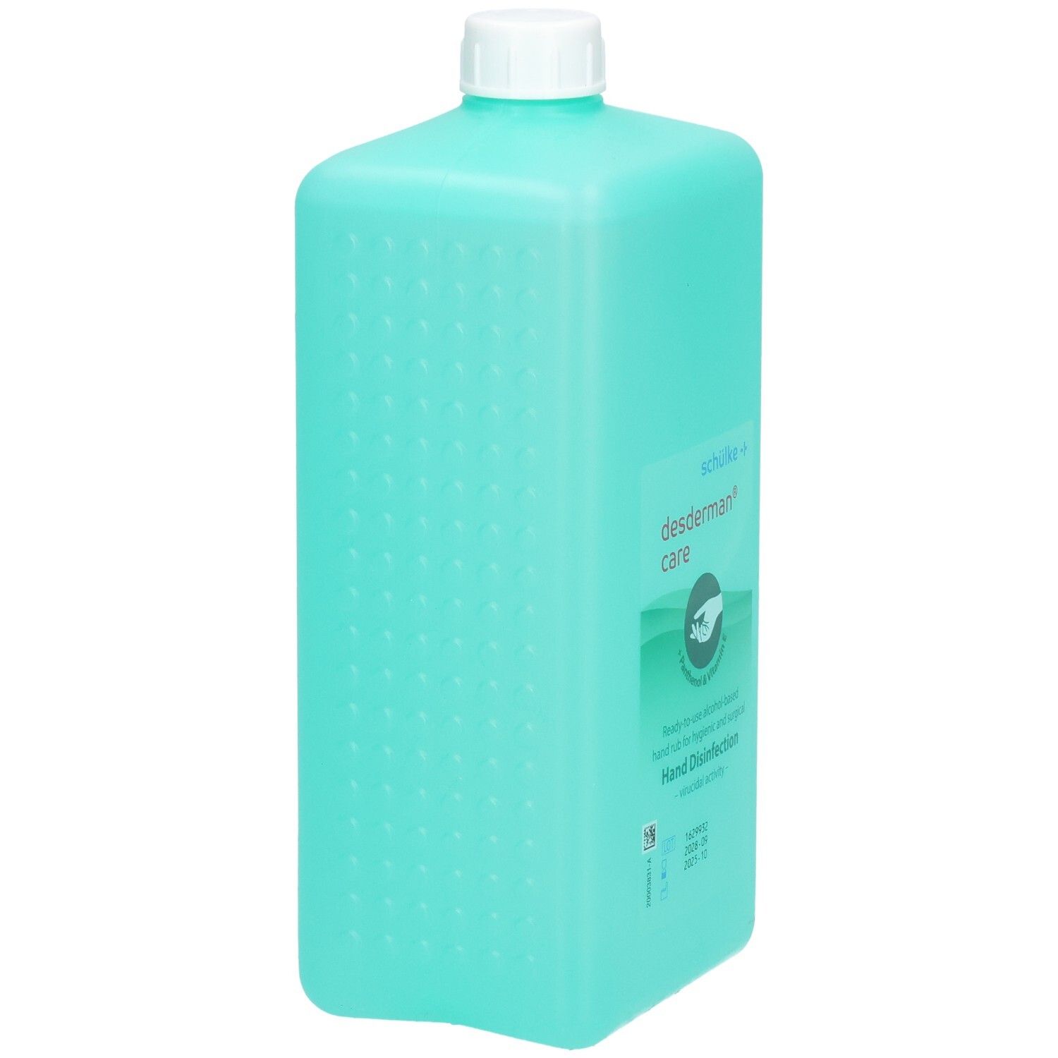 Bouteille turquoise avec bouchon blanc, désinfectant pour les mains "desderman care".