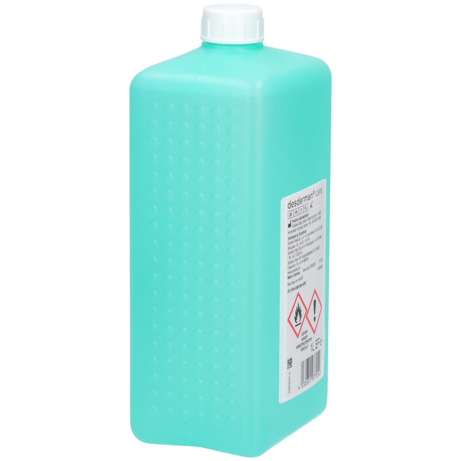 Arrière d'une bouteille turquoise avec bouchon blanc, désinfectant pour les mains "desderman care".