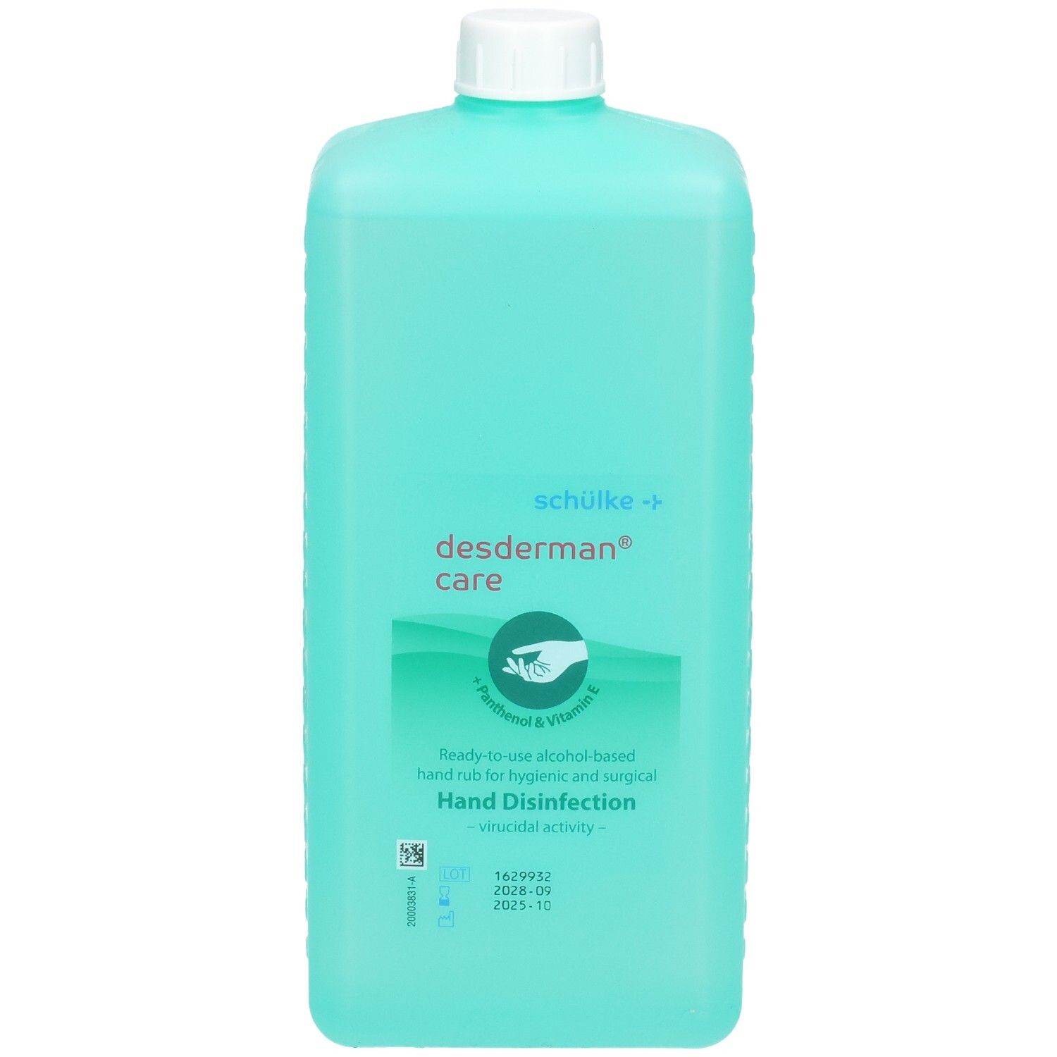 Bouteille turquoise avec bouchon blanc, désinfectant pour les mains "desderman care".
