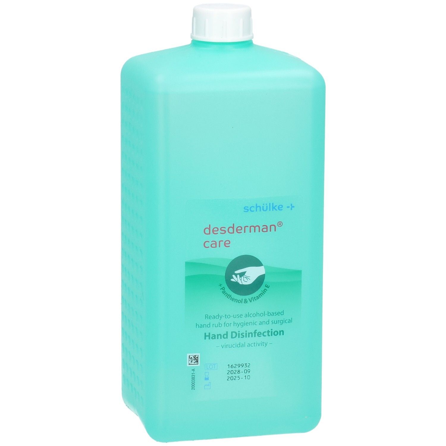 Bouteille turquoise avec bouchon blanc, désinfectant pour les mains "desderman care".