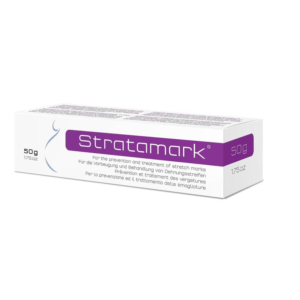 Verpackung von Stratamark Gel zur Vorbeugung und Behandlung von Dehnungsstreifen, 50g.