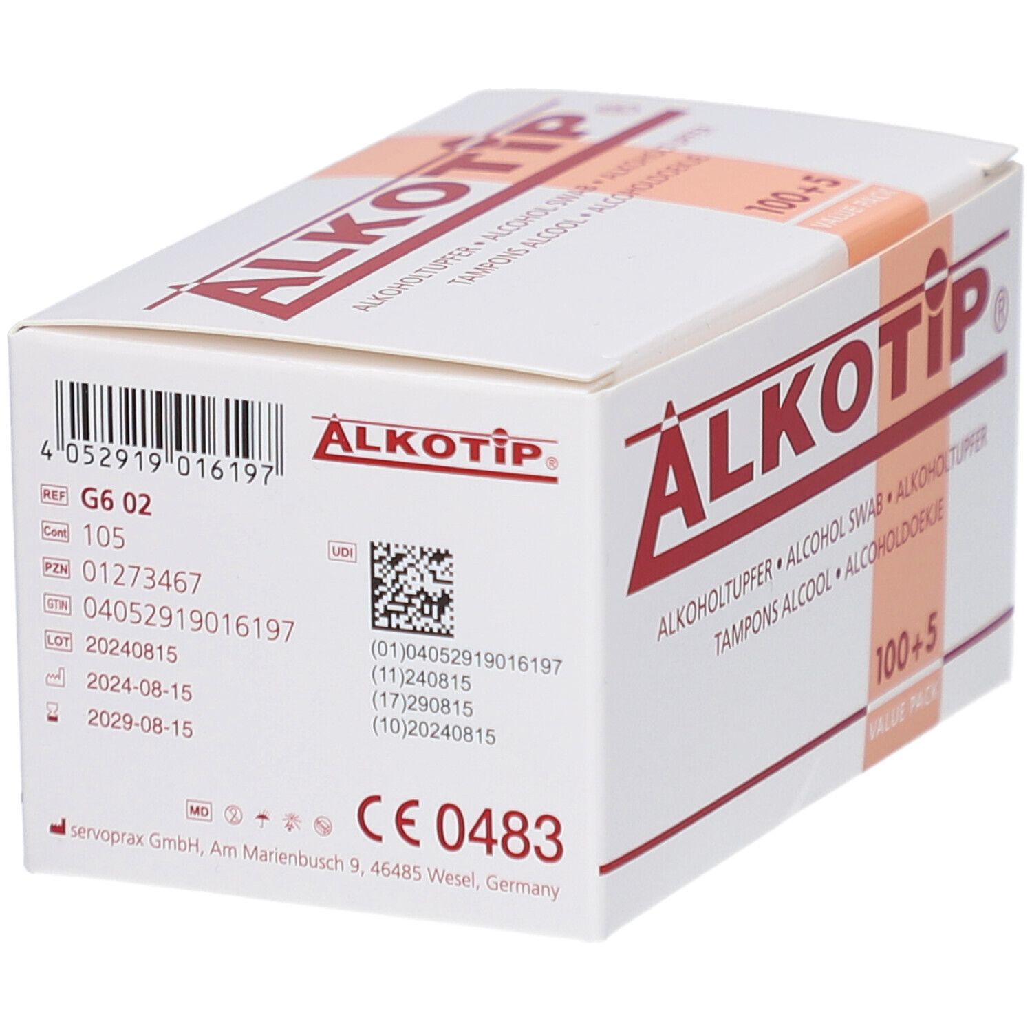 Weißer Karton mit roter Schrift. Aufdruck: ALKOTIP, Alkoholtuper, 100+5. Mit CE 0483 Kennzeichnung und weiteren Informationen.