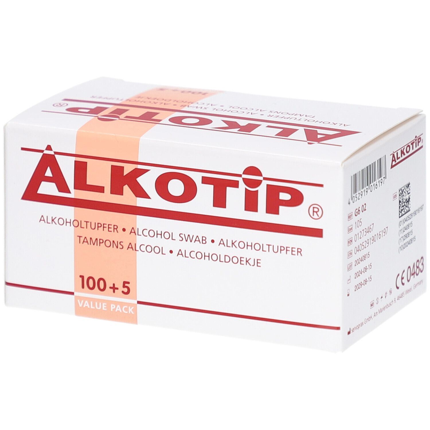 Weißer Karton mit roter Schrift. Aufdruck: ALKOTIP, Alkoholtuper, 100+5. Verpackung mit Tampons alcool 70 % isopropylique.