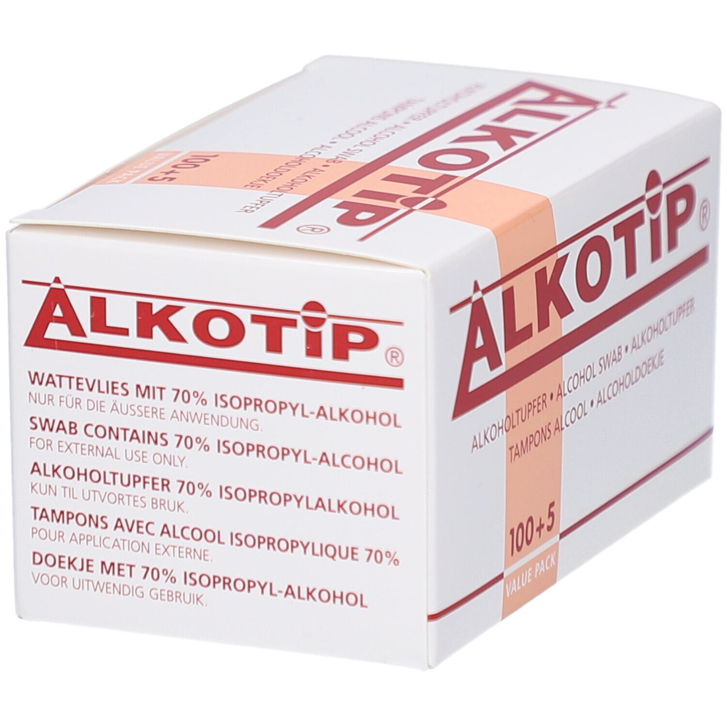 Weißer Karton mit roter Schrift. Aufdruck: ALKOTIP, Alkoholtuper, 100+5. Enthält Wattevlies mit 70% Isopropylalkohol.