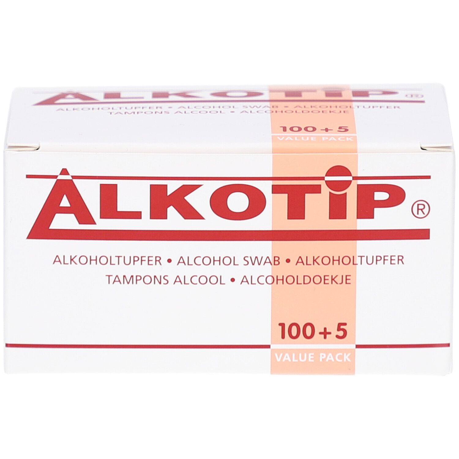 Weißer Karton mit roter Schrift. Aufdruck: ALKOTIP, Alkoholtuper, 100+5. Verpackung mit Tampons alcool 70 % isopropylique.