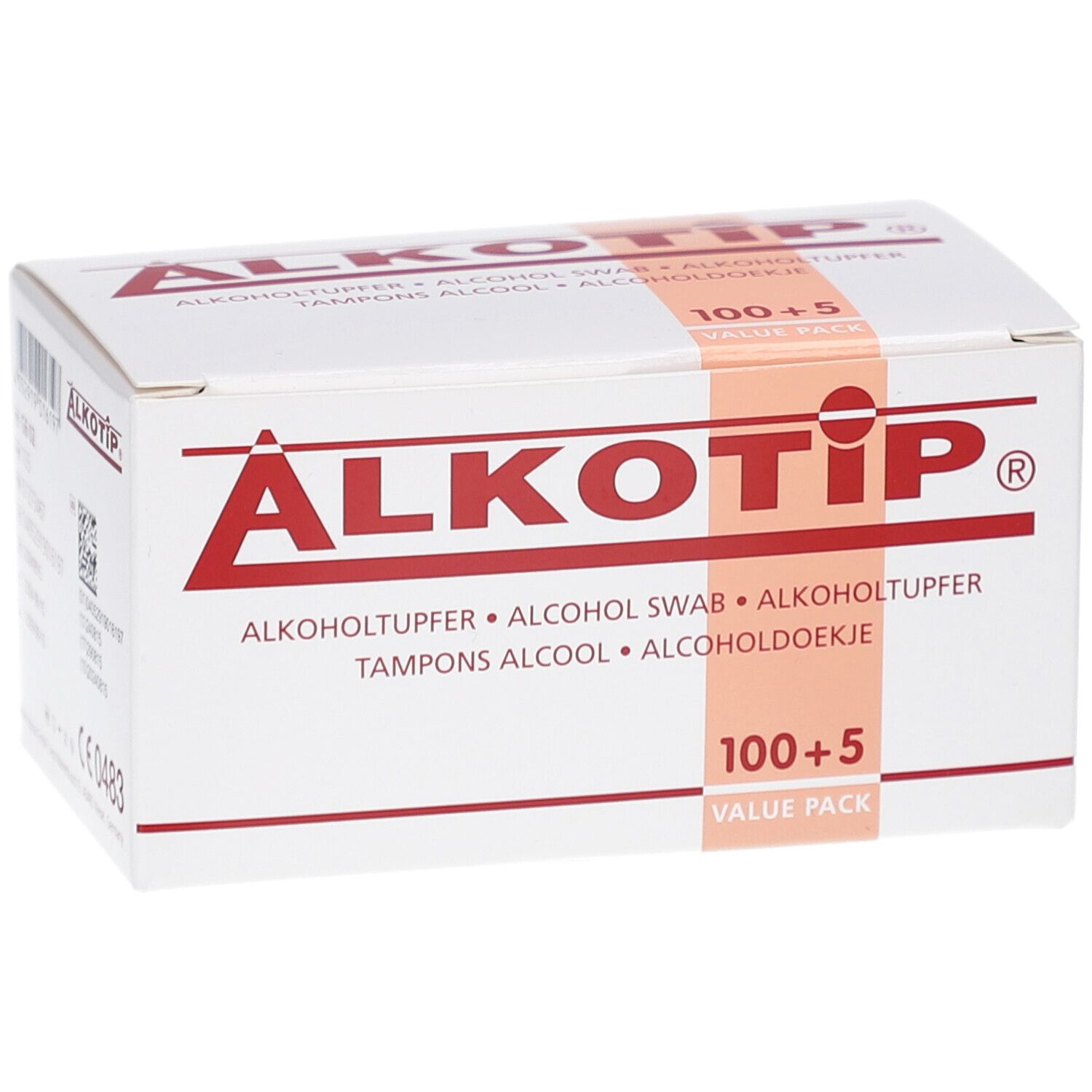 Weißer Karton mit roter Schrift. Aufdruck: ALKOTIP, Alkoholtuper, 100+5. Mit CE 0483 Kennzeichnung.