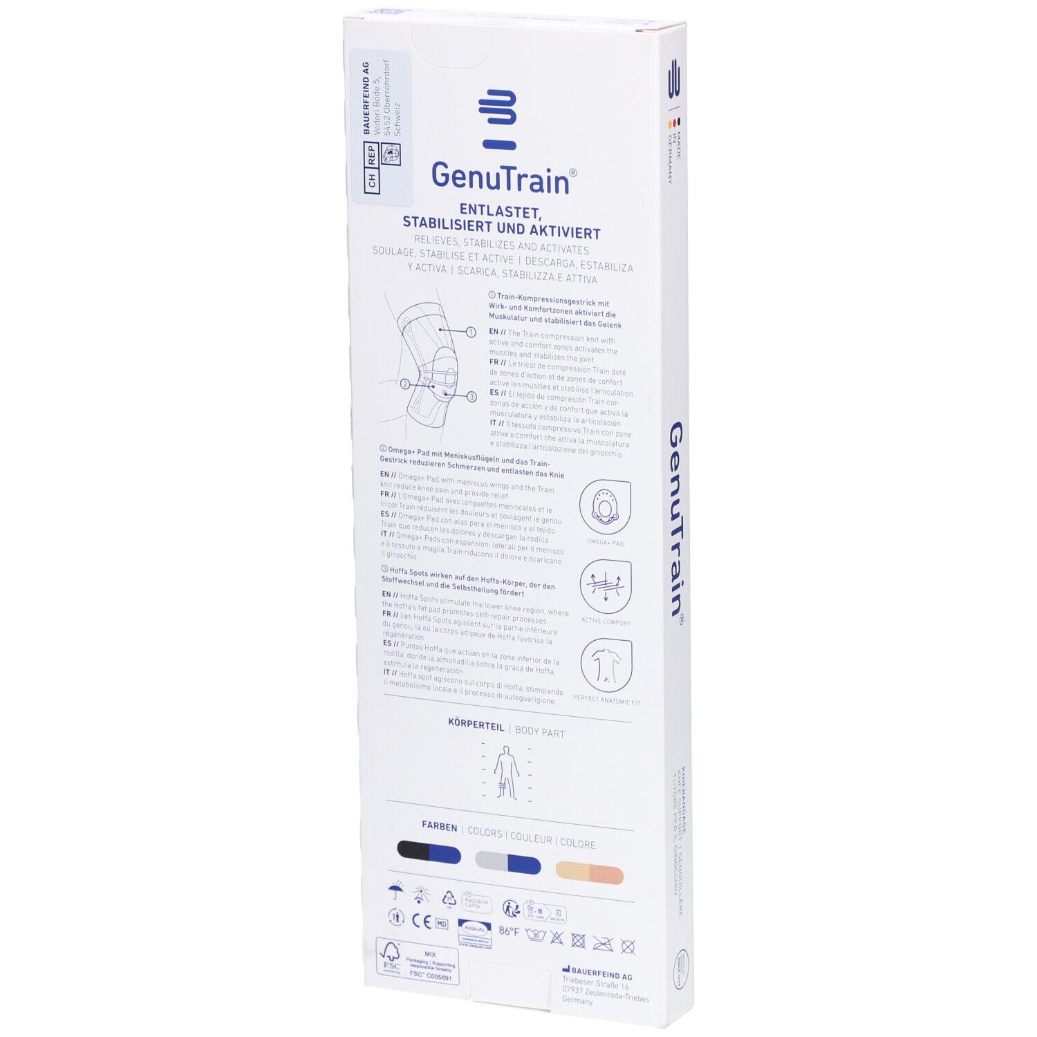 BAUERFEIND® GenuTrain Aktive Kniebandage, Patella und Bandage Größe 1 Titan