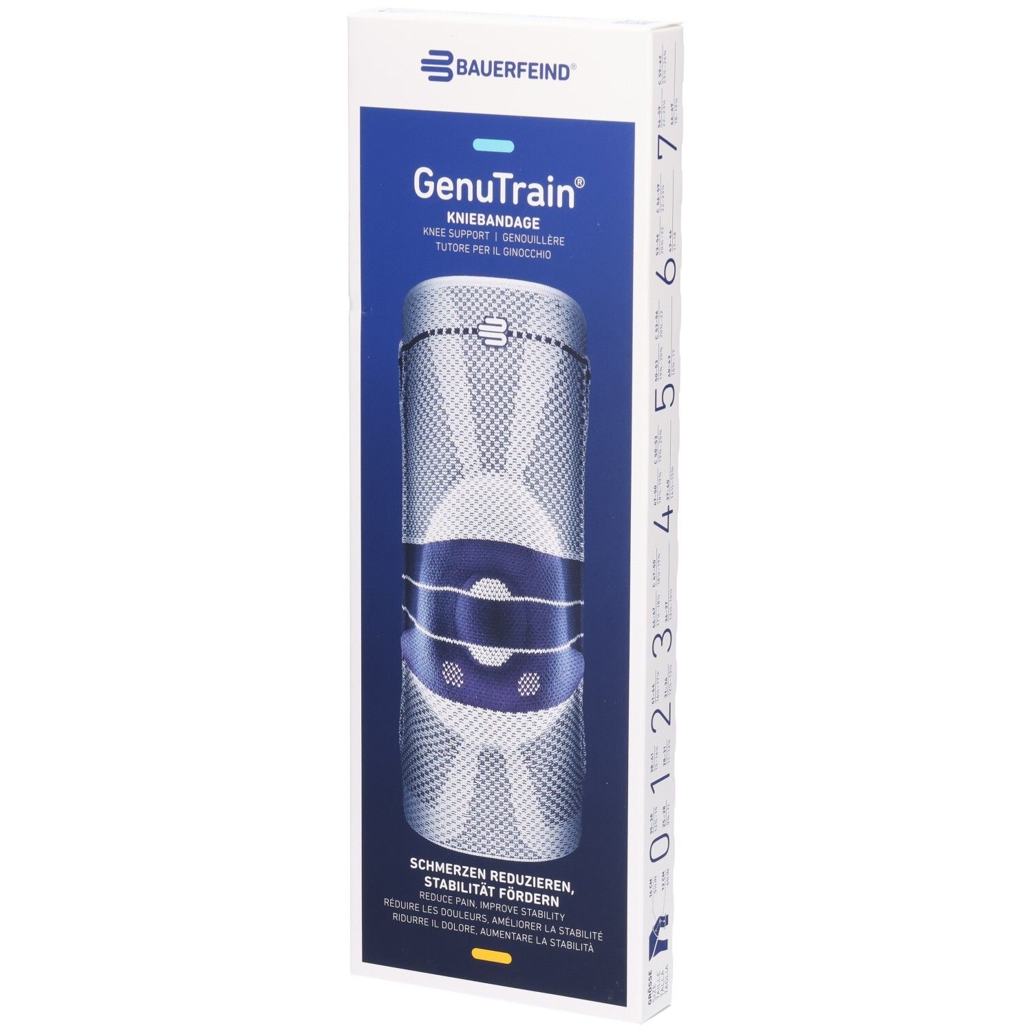 Emballage du genouillère BAUERFEIND GenuTrain avec illustration du produit et indications pour réduire la douleur et favoriser la stabilité.