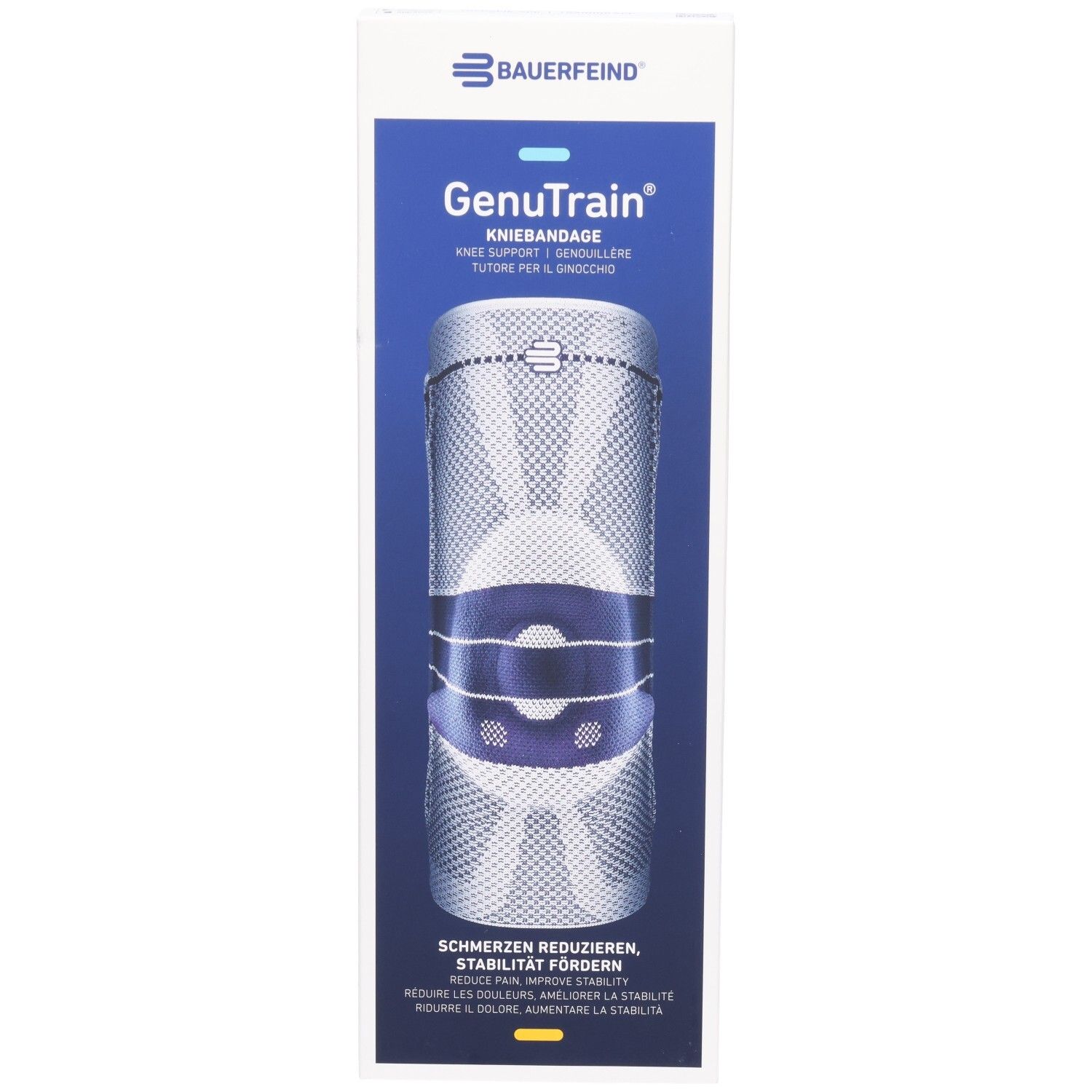 Emballage du genouillère BAUERFEIND GenuTrain avec illustration du produit et indications pour réduire la douleur et favoriser la stabilité.