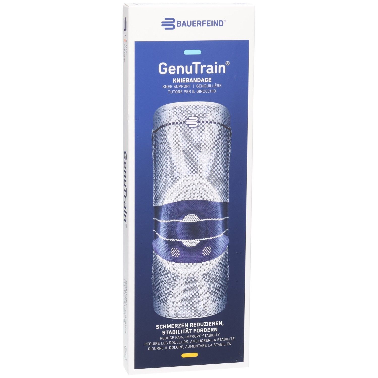 Emballage du genouillère BAUERFEIND GenuTrain avec illustration du produit et indications pour réduire la douleur et favoriser la stabilité.