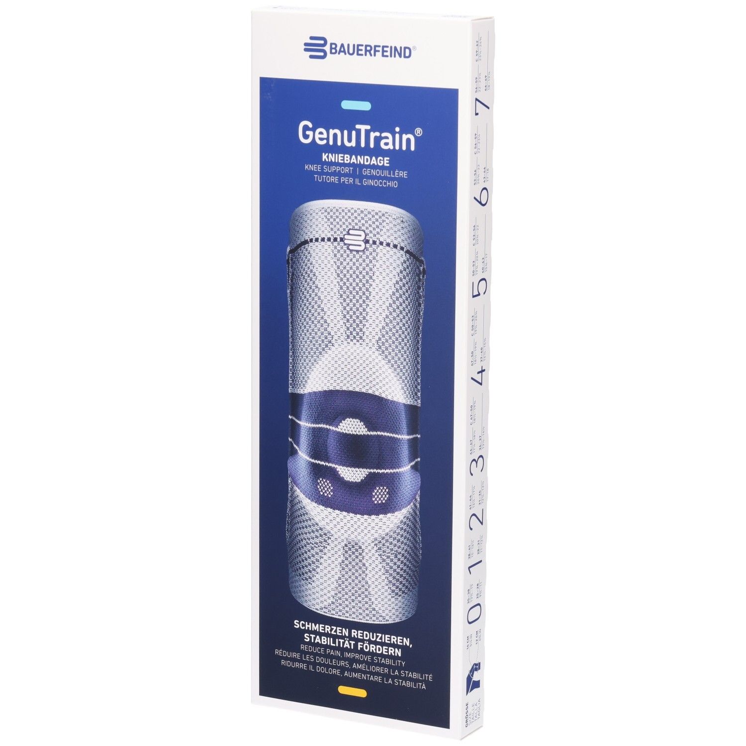 Emballage du bandage de genou BAUERFEIND GenuTrain Comfort avec illustration.