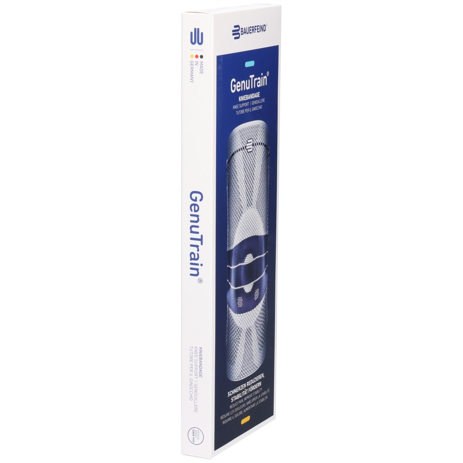 Vue latérale de l'emballage du bandage de genou BAUERFEIND GenuTrain Comfort.