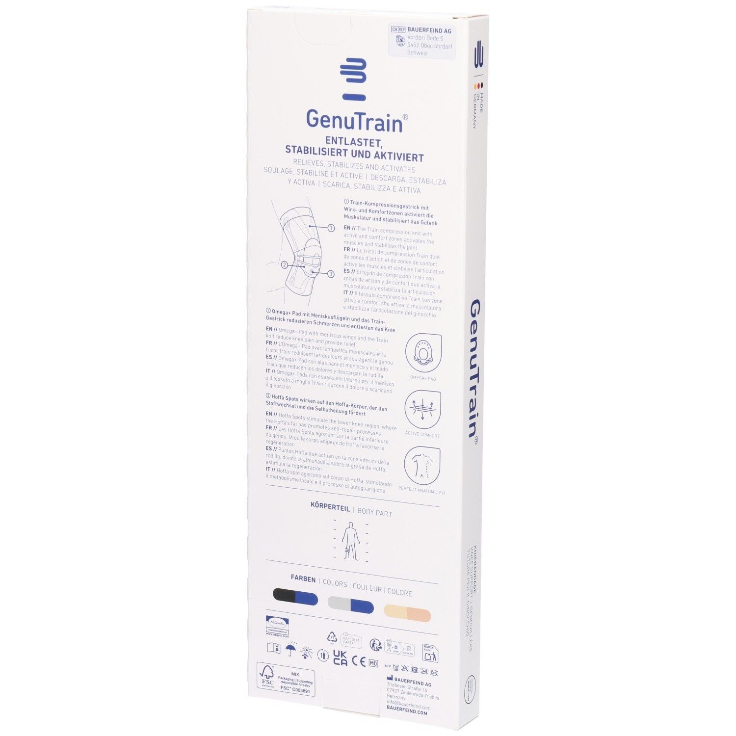Arrière de l'emballage du bandage de genou BAUERFEIND GenuTrain Comfort avec instructions.