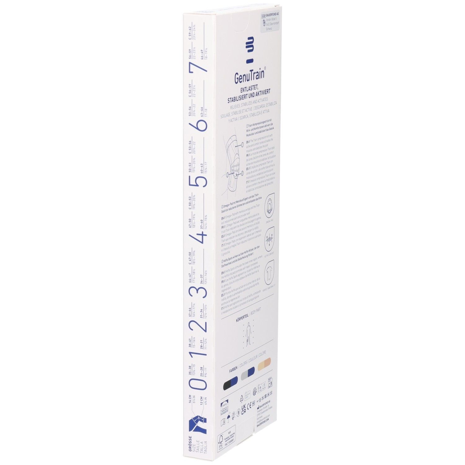 Vue latérale de l'emballage du bandage de genou BAUERFEIND GenuTrain Comfort avec tailles.