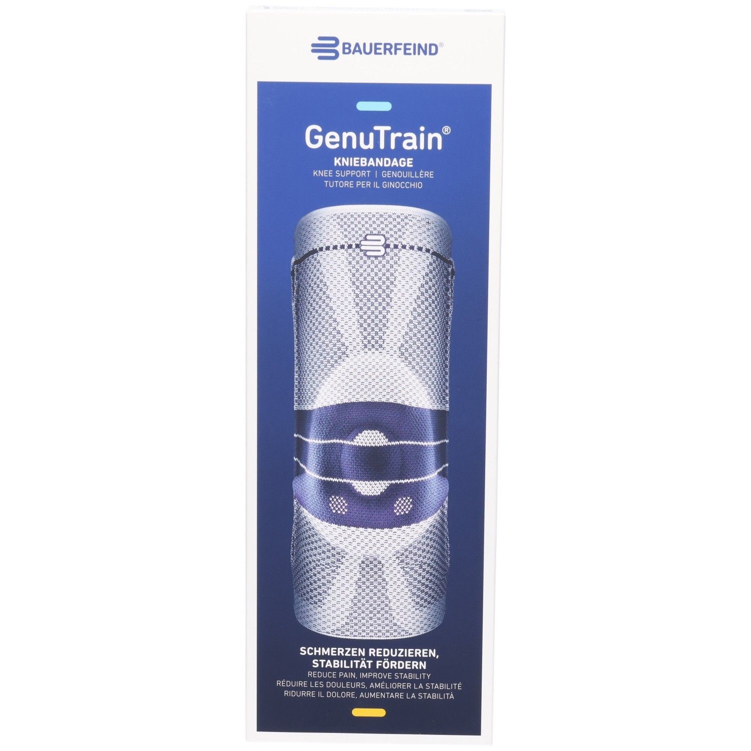 Emballage du bandage de genou BAUERFEIND GenuTrain Comfort avec illustration.